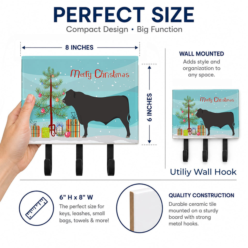 Black Angus Cow Christmas Leash or Key Holder Wall Hooks, Coat Rack Wall Mount, for Hanging Keys, Towels, Aprons, Leashes
