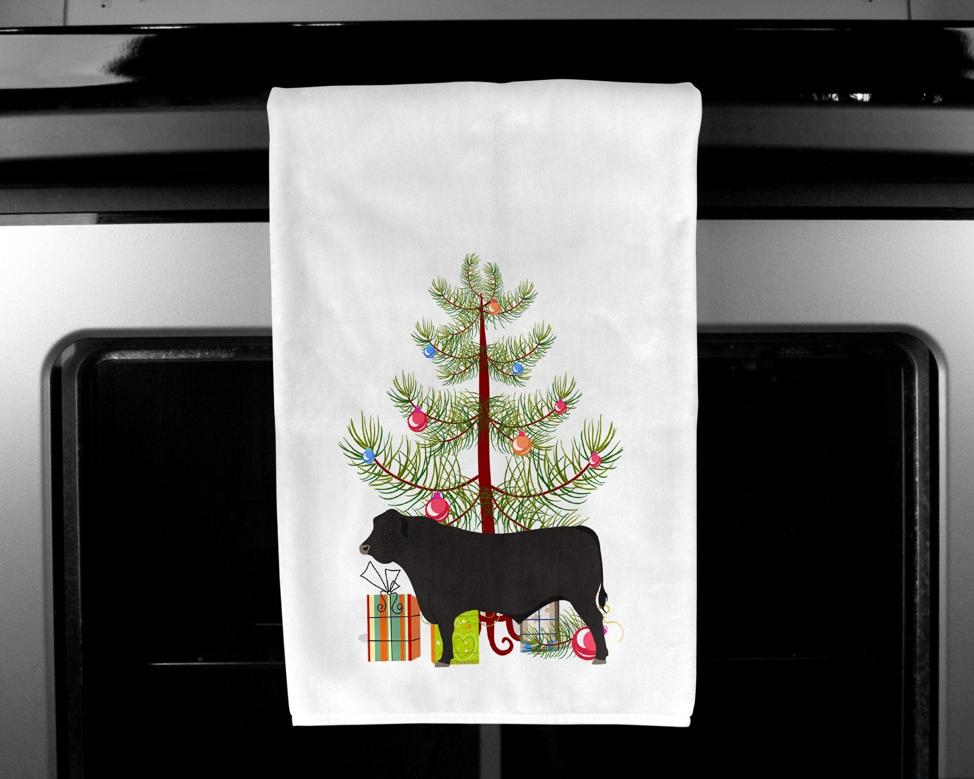 Black Angus Cow Christmas Kitchen Towel Set of 2 White Dish Towels Decorative Bathroom Hand towel for Hand, Face, Hair, Yoga, Tea, Dishcloth, 19 X 28", White