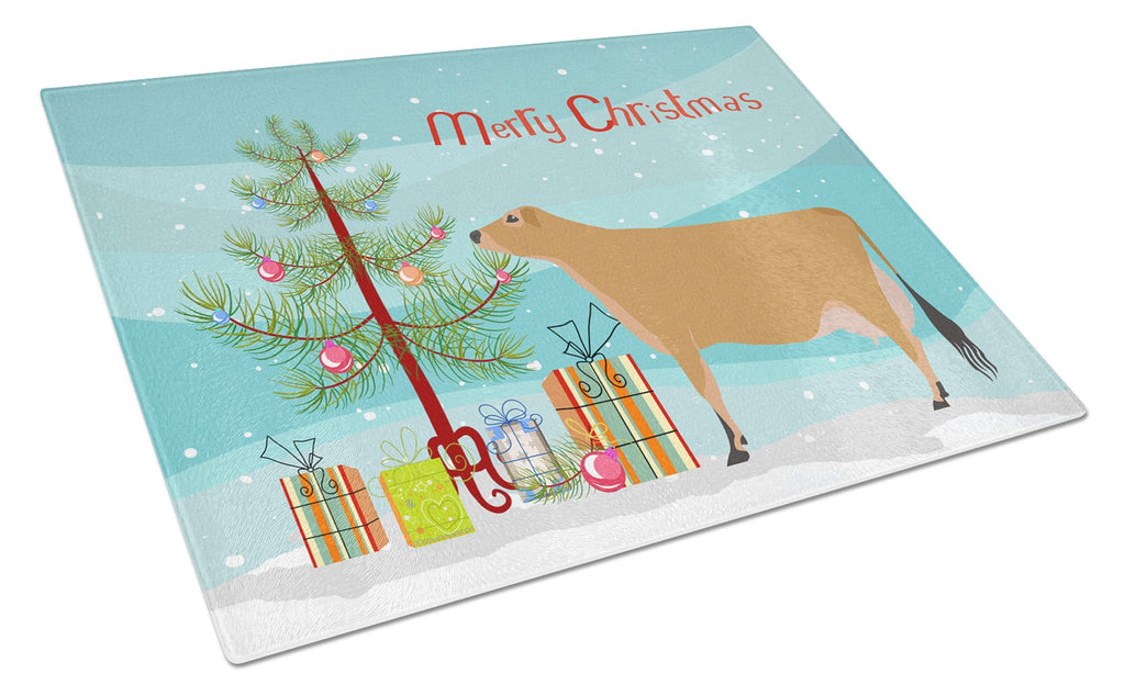 Jersey Cow Christmas Cutting Board Tempered Glass Kitchen Cutting Surface, Heat Resistant Chopping, Non-Slip Feet, Food Prep & Serving
