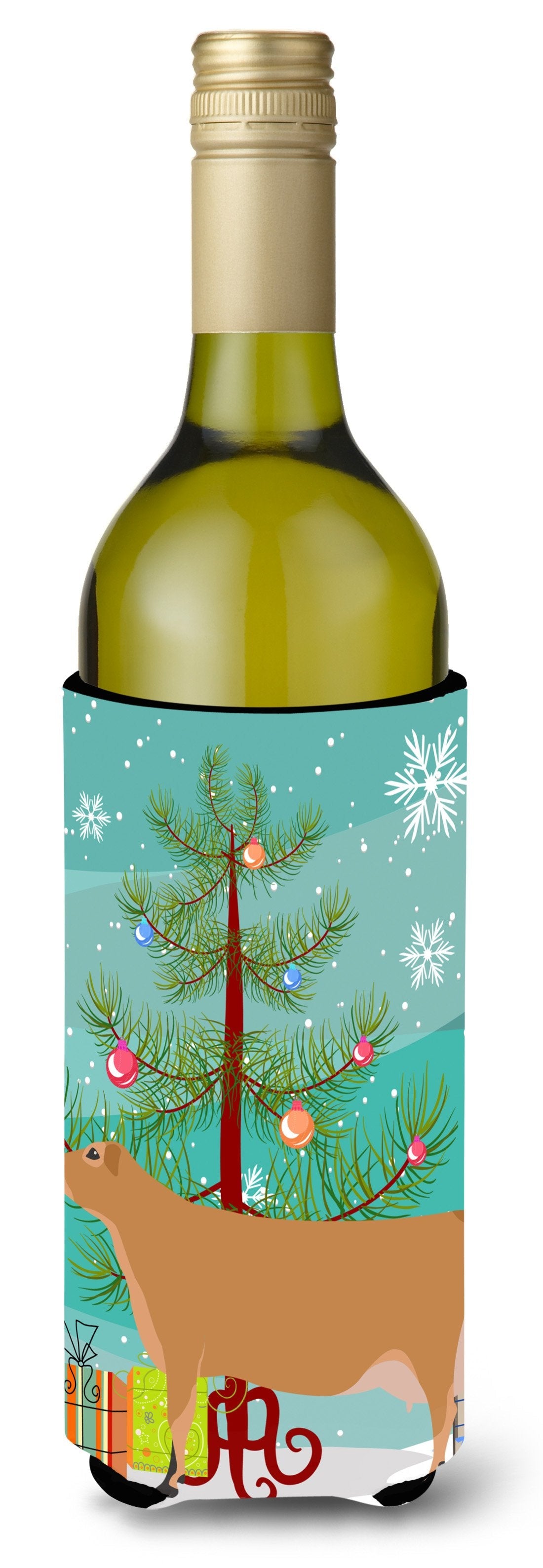 Jersey Cow Christmas Wine Bottle Hugger Gift Sleeve for Standard 750 ml Bottles, Insulated Reusable Also Fits Mini Shot & Pint Bottles