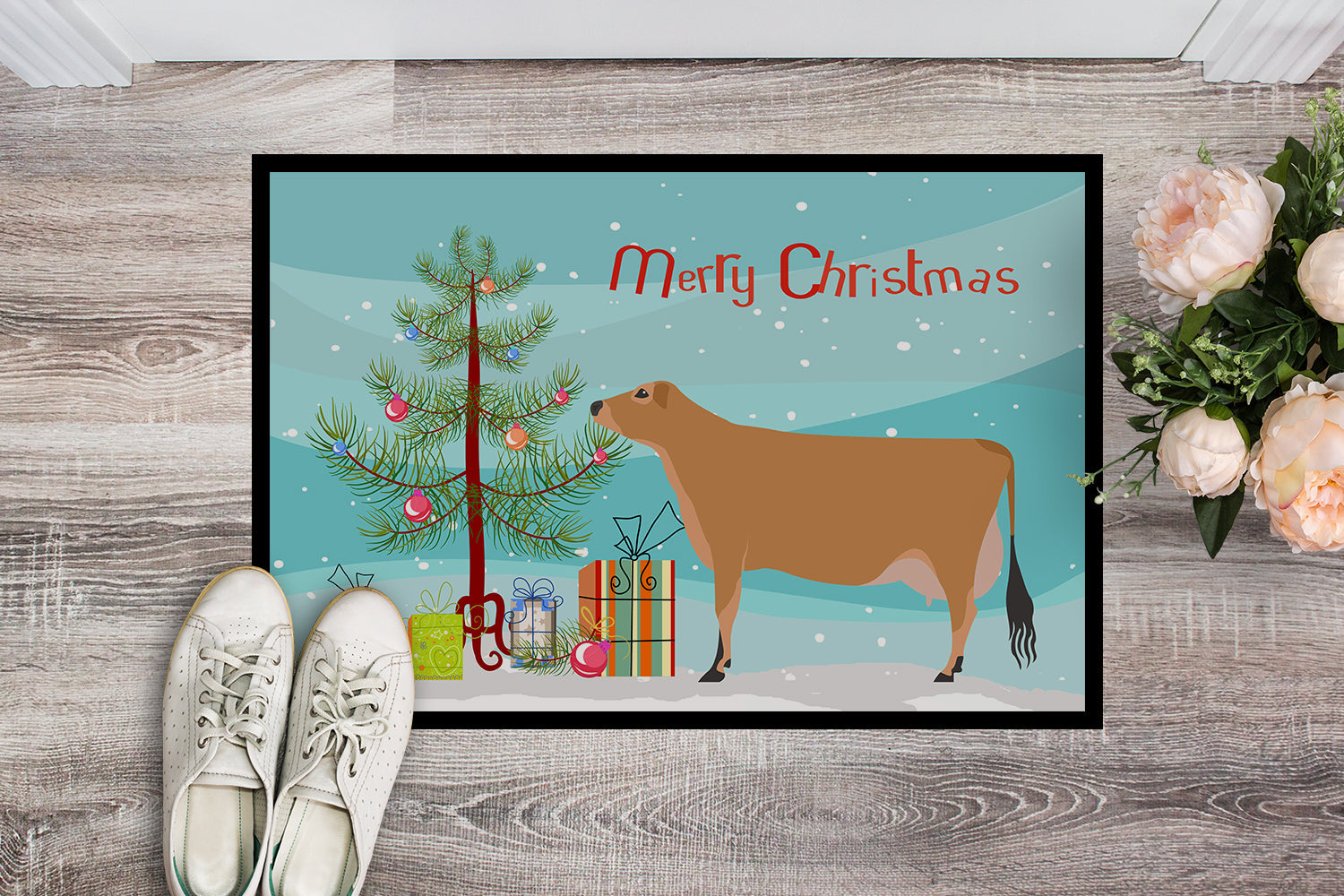 Jersey Cow Christmas Doormat Indoor Outdoor 18H X 27W Front Door Mat Rugs for Entryway, Non Slip Washable