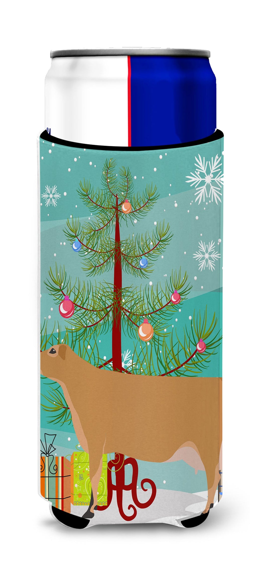 Jersey Cow Christmas Slim Can Hugger , Insulated Foam Hugger for 12 oz Slim Cans, Beer Bottles & Water Bottles, Printed in USA