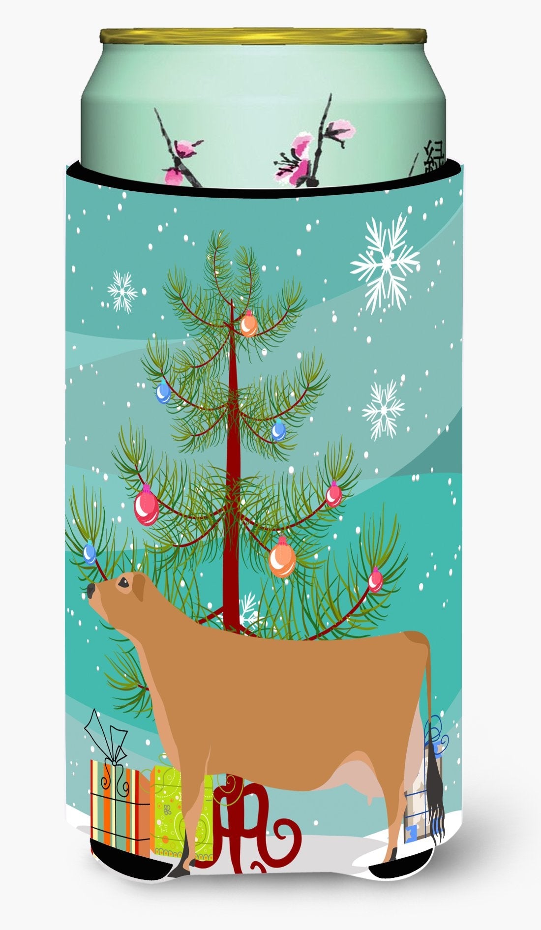 Jersey Cow Christmas Tall Boy Hugger Can Cooler Sleeve Machine Washable Drink Collapsible Insulator Beverage Insulated Holder