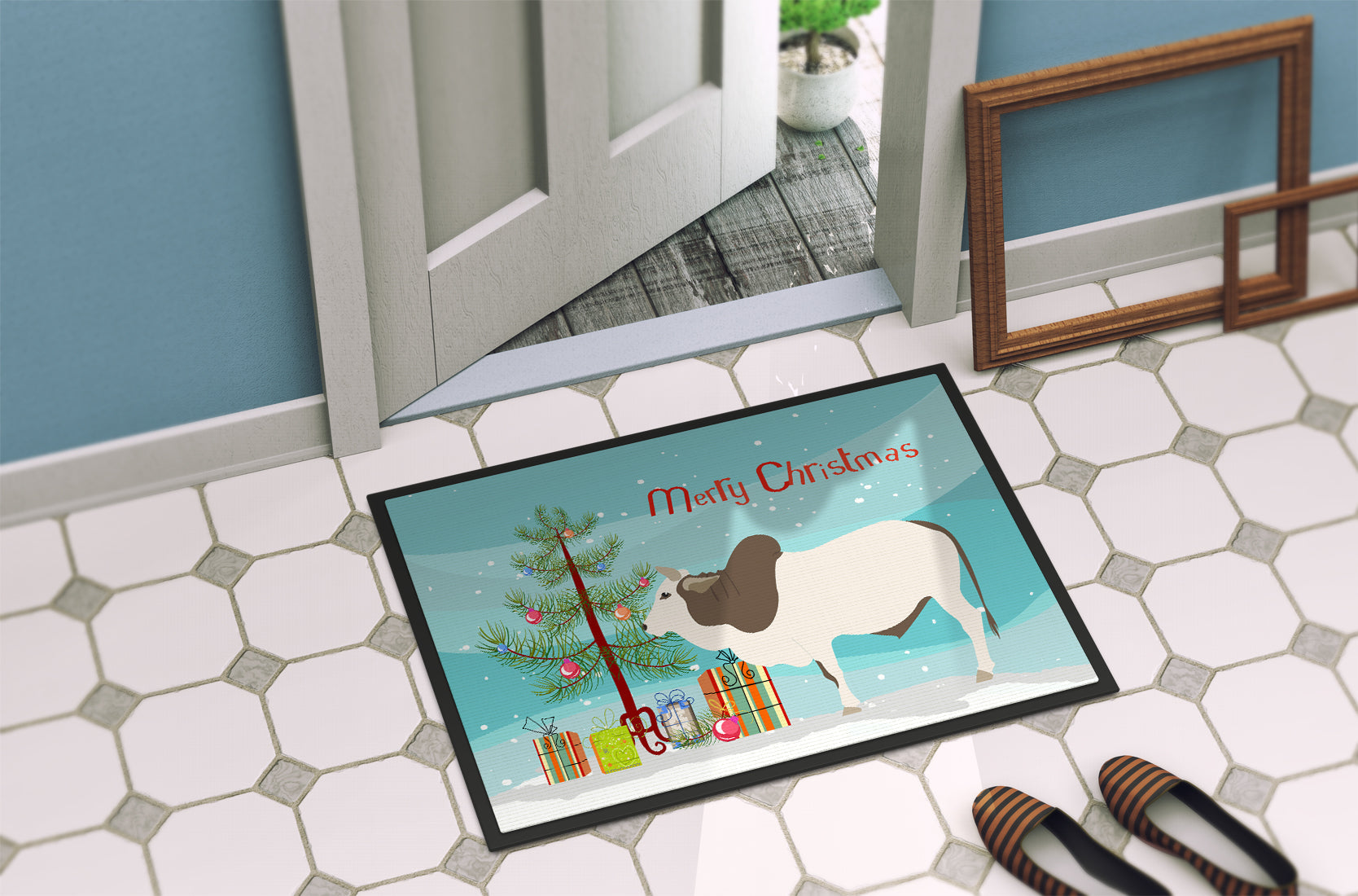 Malvi Cow Christmas Doormat Indoor Outdoor 24H X 36W Front Door Mat Rugs for Entryway, Non Slip Washable Low Pile,
