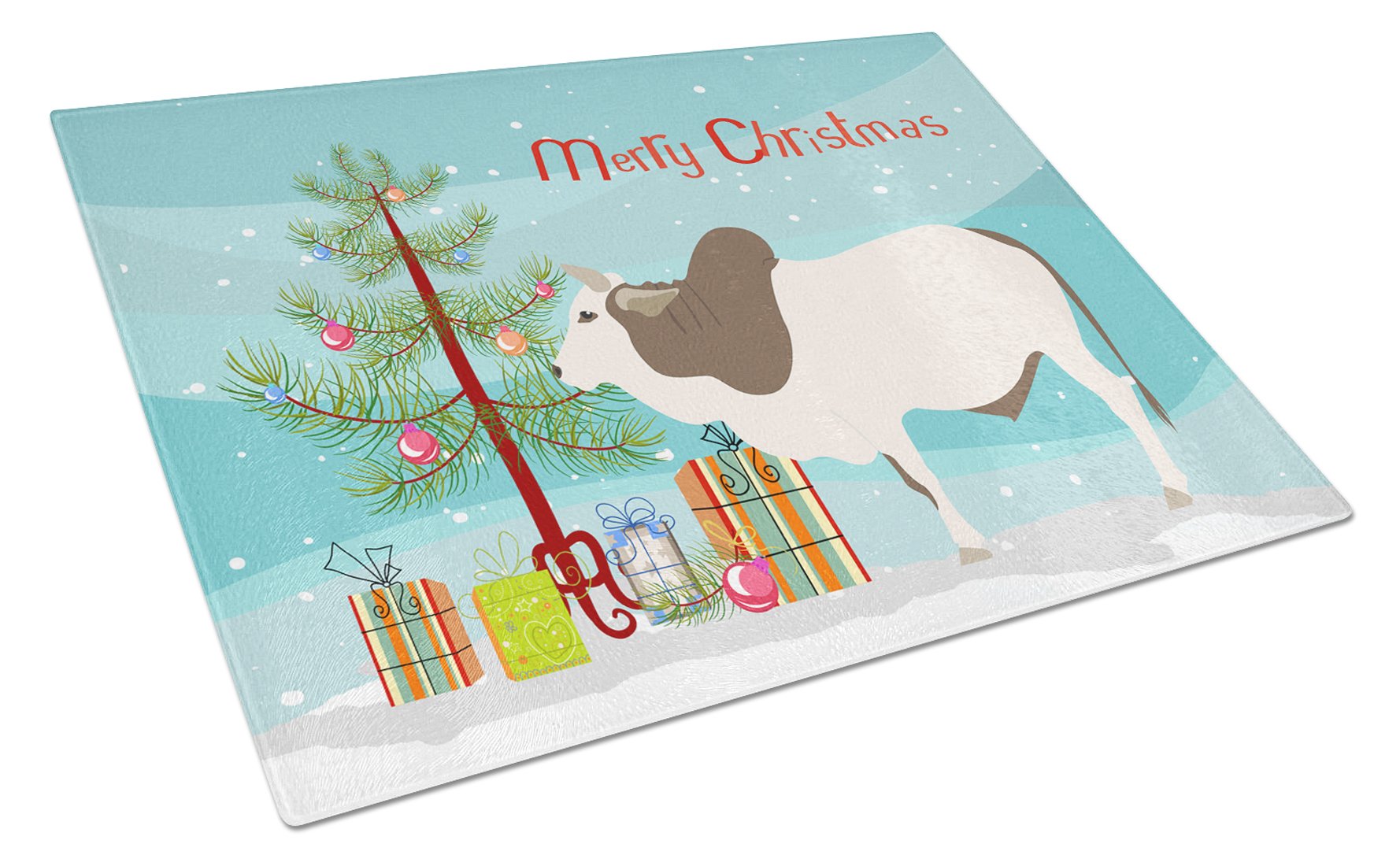Malvi Cow Christmas Cutting Board Tempered Glass Kitchen Cutting Surface, Heat Resistant Chopping, Non-Slip Feet, Food Prep & Serving