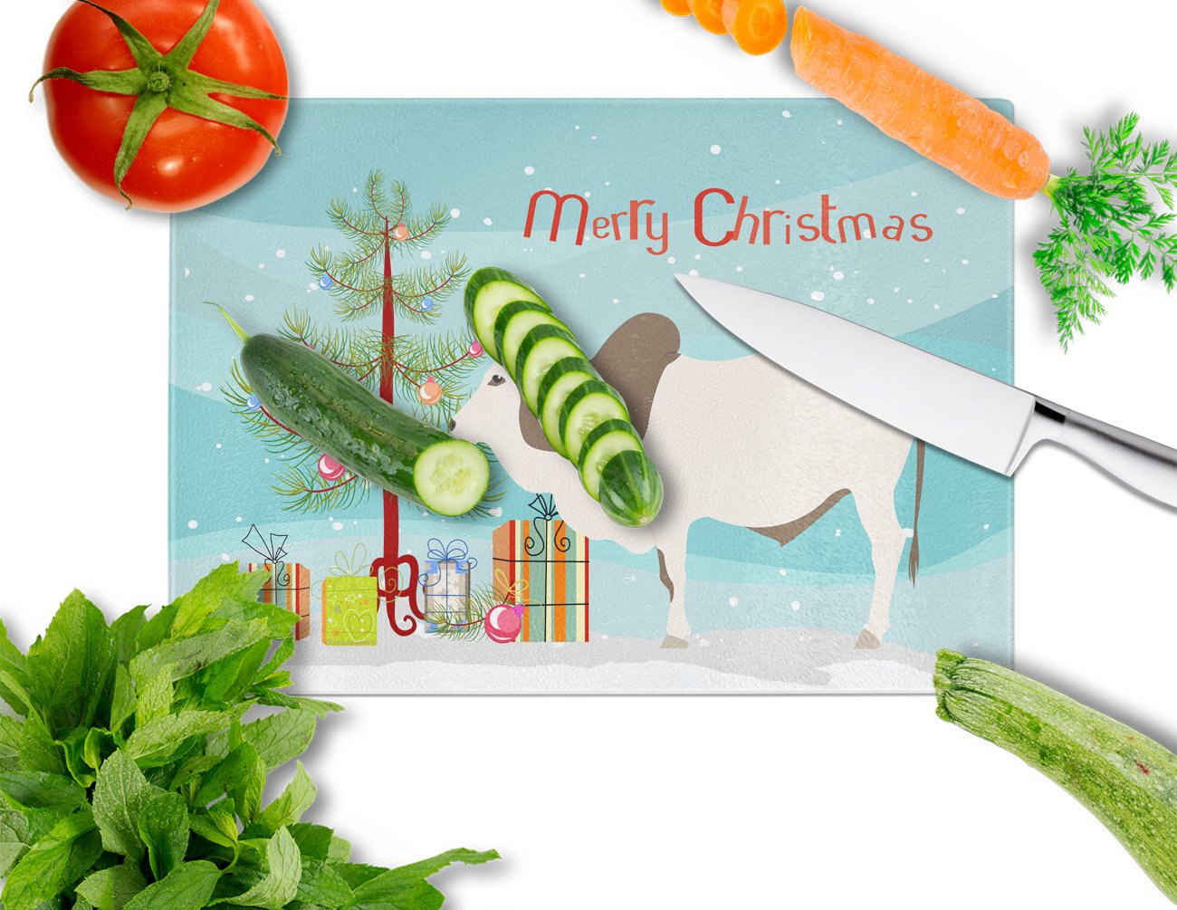 Malvi Cow Christmas Cutting Board Tempered Glass Kitchen Cutting Surface, Heat Resistant Chopping, Non-Slip Feet, Food Prep & Serving