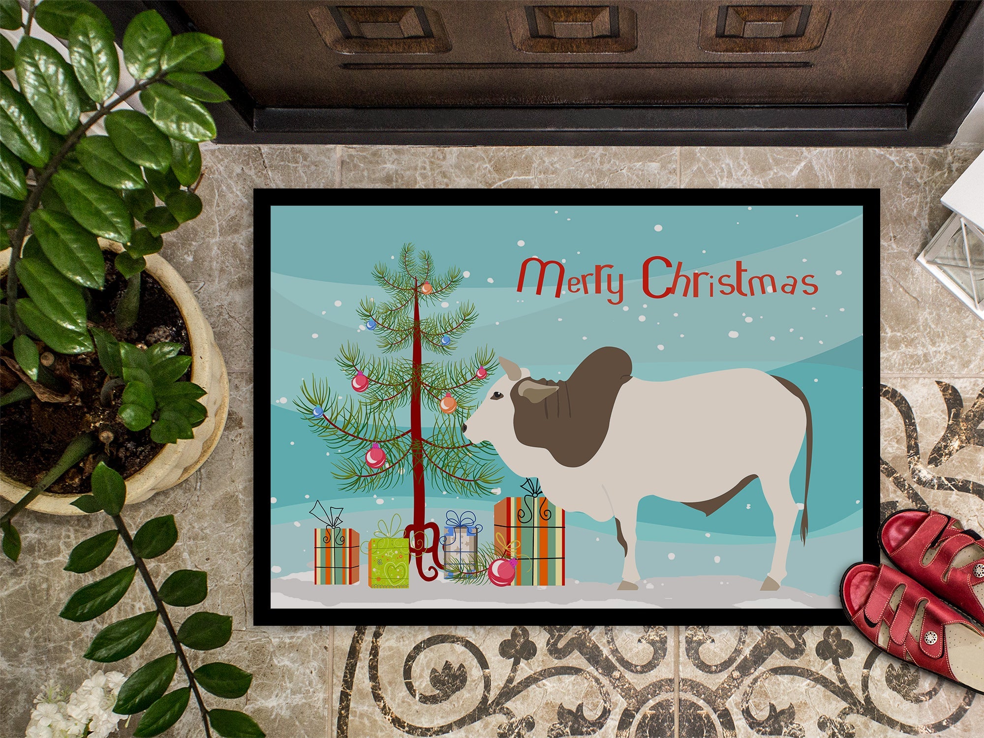 Malvi Cow Christmas Doormat Indoor Outdoor 18H X 27W Front Door Mat Rugs for Entryway, Non Slip Washable