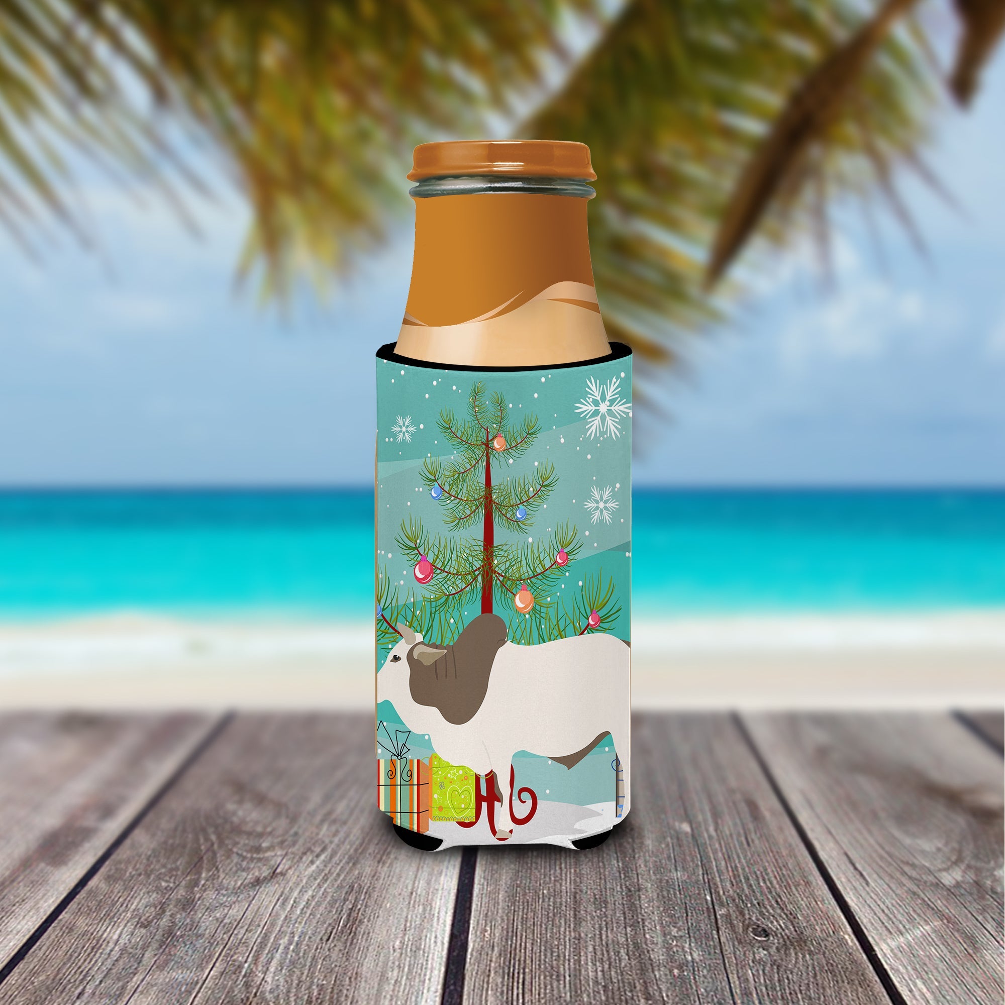 Malvi Cow Christmas Slim Can Hugger , Insulated Foam Hugger for 12 oz Slim Cans, Beer Bottles & Water Bottles, Printed in USA