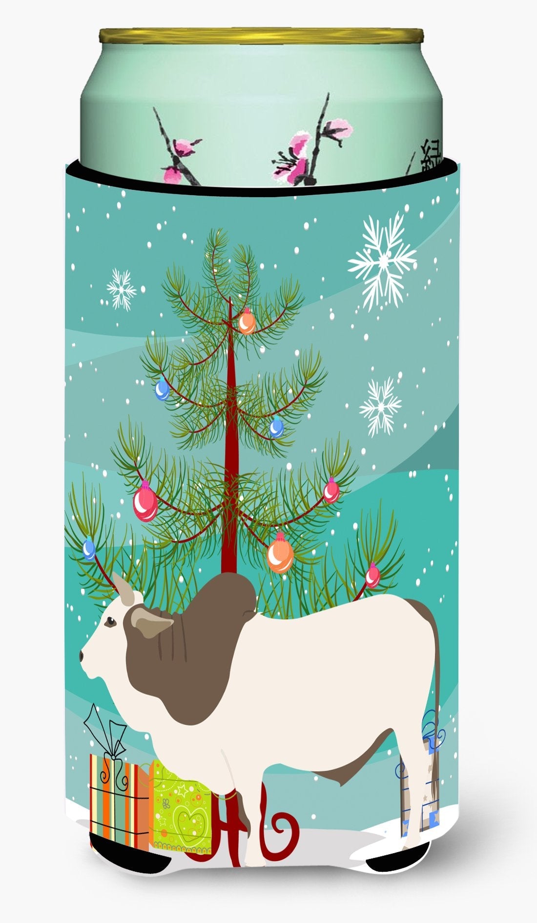 Malvi Cow Christmas Tall Boy Hugger Can Cooler Sleeve Machine Washable Drink Collapsible Insulator Beverage Insulated Holder
