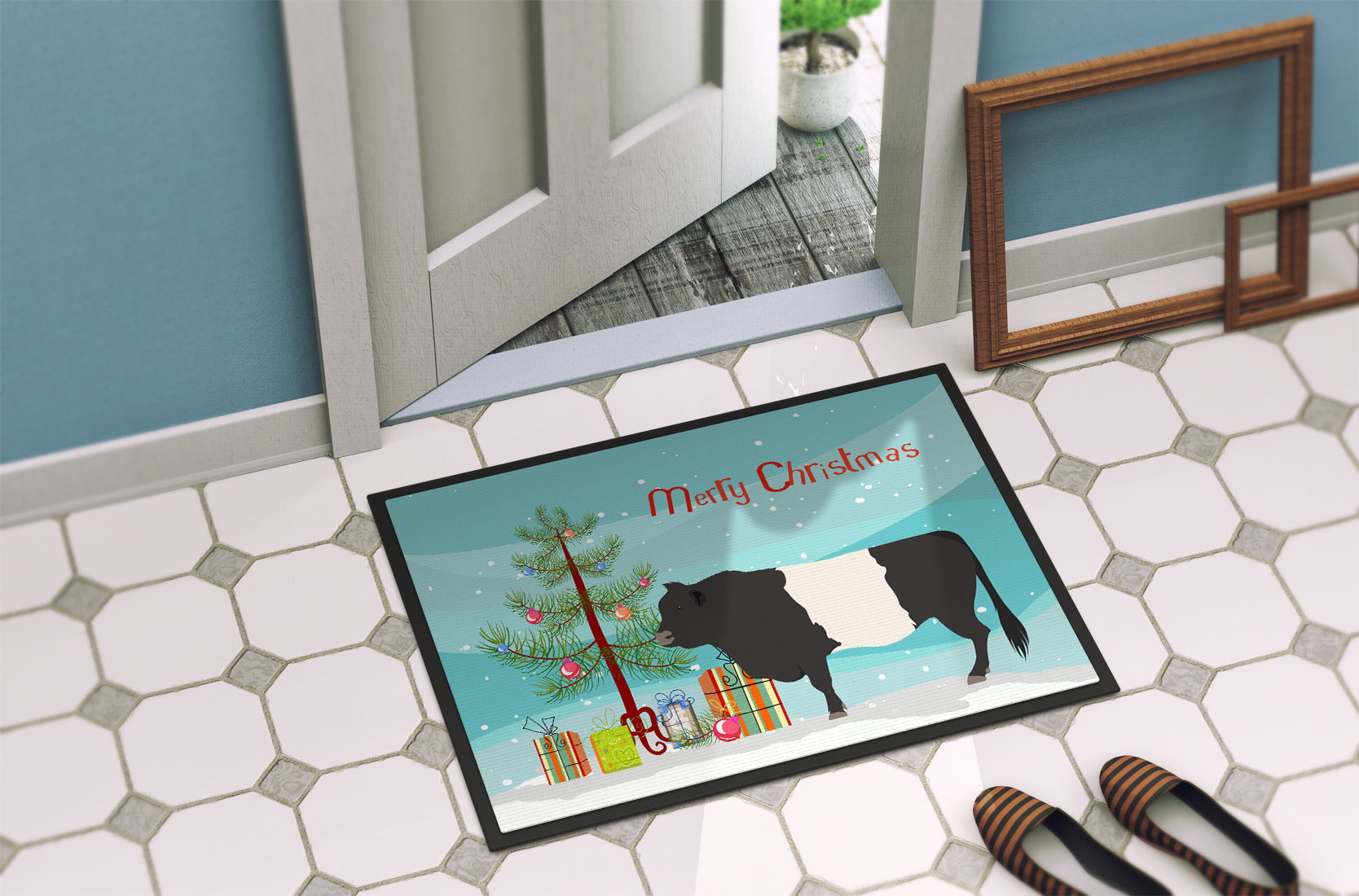 Belted Galloway Cow Christmas Doormat Indoor Outdoor 24H X 36W Front Door Mat Rugs for Entryway, Non Slip Washable Low Pile,