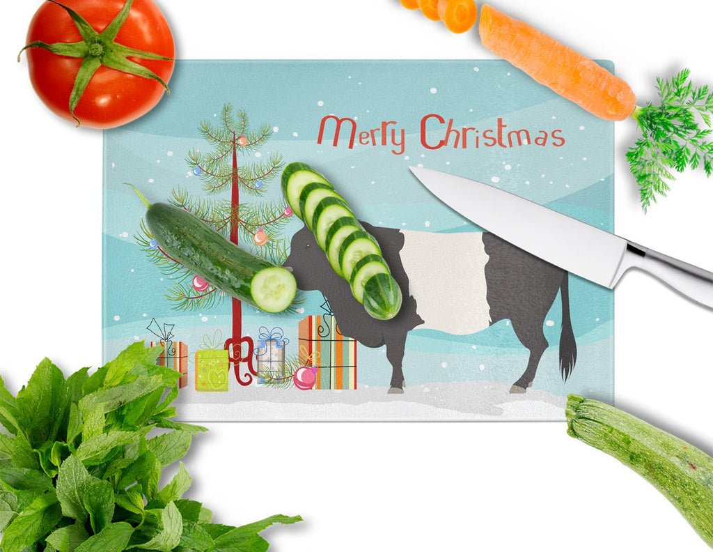 Belted Galloway Cow Christmas Cutting Board Tempered Glass Kitchen Cutting Surface, Heat Resistant Chopping, Non-Slip Feet, Food Prep & Serving