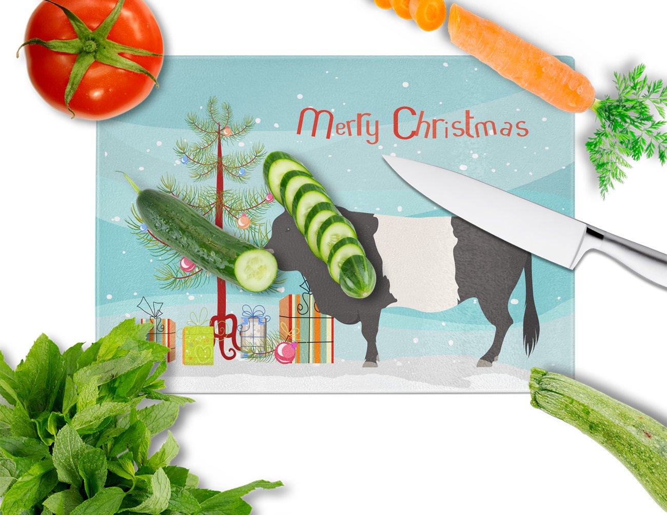 Belted Galloway Cow Christmas Cutting Board Tempered Glass Kitchen Cutting Surface, Heat Resistant Chopping, Non-Slip Feet, Food Prep & Serving