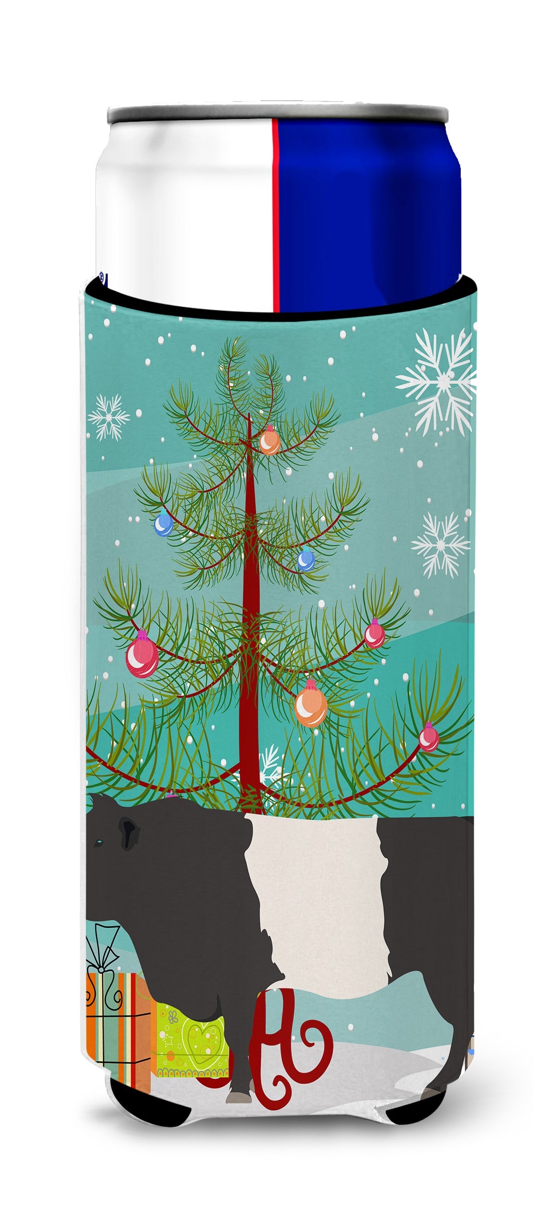 Belted Galloway Cow Christmas Slim Can Hugger , Insulated Foam Hugger for 12 oz Slim Cans, Beer Bottles & Water Bottles, Printed in USA