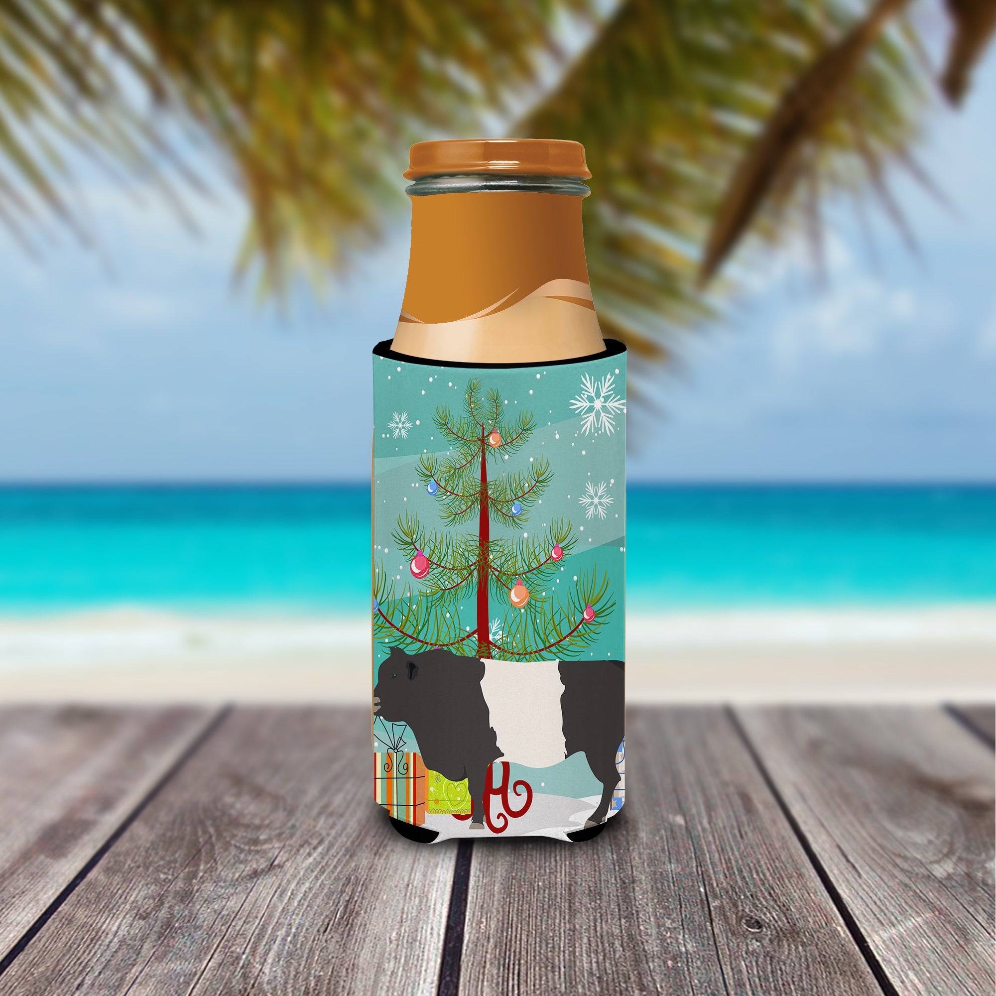 Belted Galloway Cow Christmas Slim Can Hugger , Insulated Foam Hugger for 12 oz Slim Cans, Beer Bottles & Water Bottles, Printed in USA