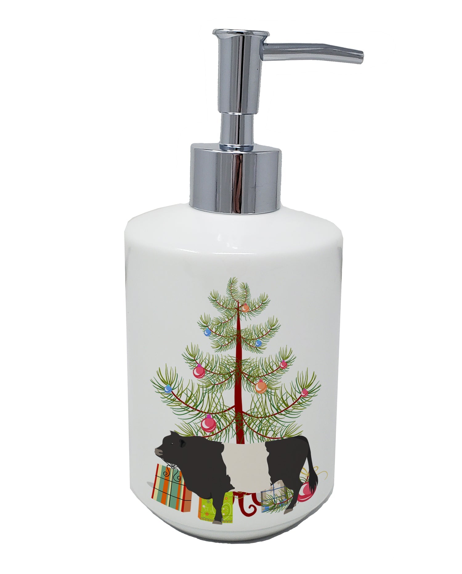 Belted Galloway Cow Christmas Ceramic Soap Dispenser , Empty Refillable Hand Soap Pump Bottle for Bathroom Kitchen