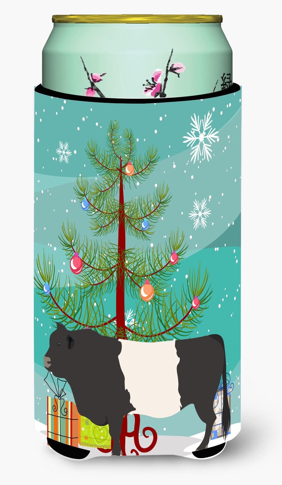 Belted Galloway Cow Christmas Tall Boy Hugger Can Cooler Sleeve Machine Washable Drink Collapsible Insulator Beverage Insulated Holder