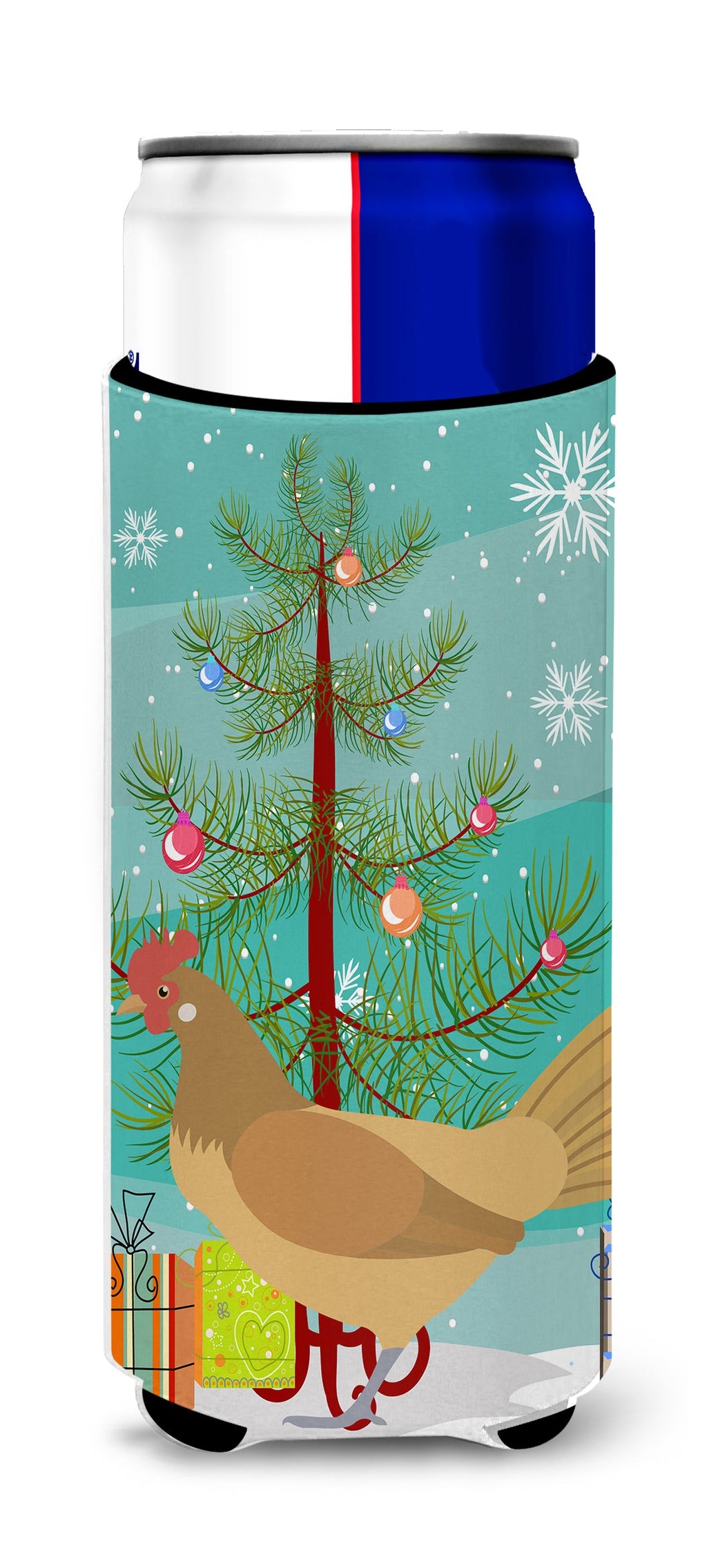 Frisian Friesian Chicken Christmas Slim Can Hugger , Insulated Foam Hugger for 12 oz Slim Cans, Beer Bottles & Water Bottles, Printed in USA