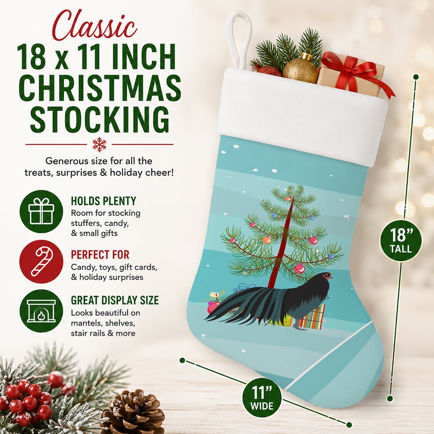 Sumatra Chicken Christmas Holiday Stocking Double-Sided Print, Polyester Suede,11x18, Made in USA