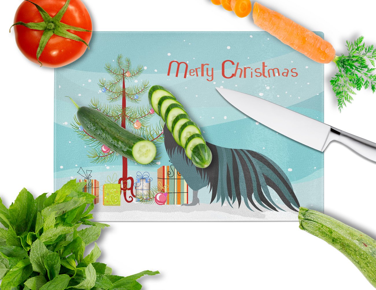 Sumatra Chicken Christmas Cutting Board Tempered Glass Kitchen Cutting Surface, Heat Resistant Chopping, Non-Slip Feet, Food Prep & Serving