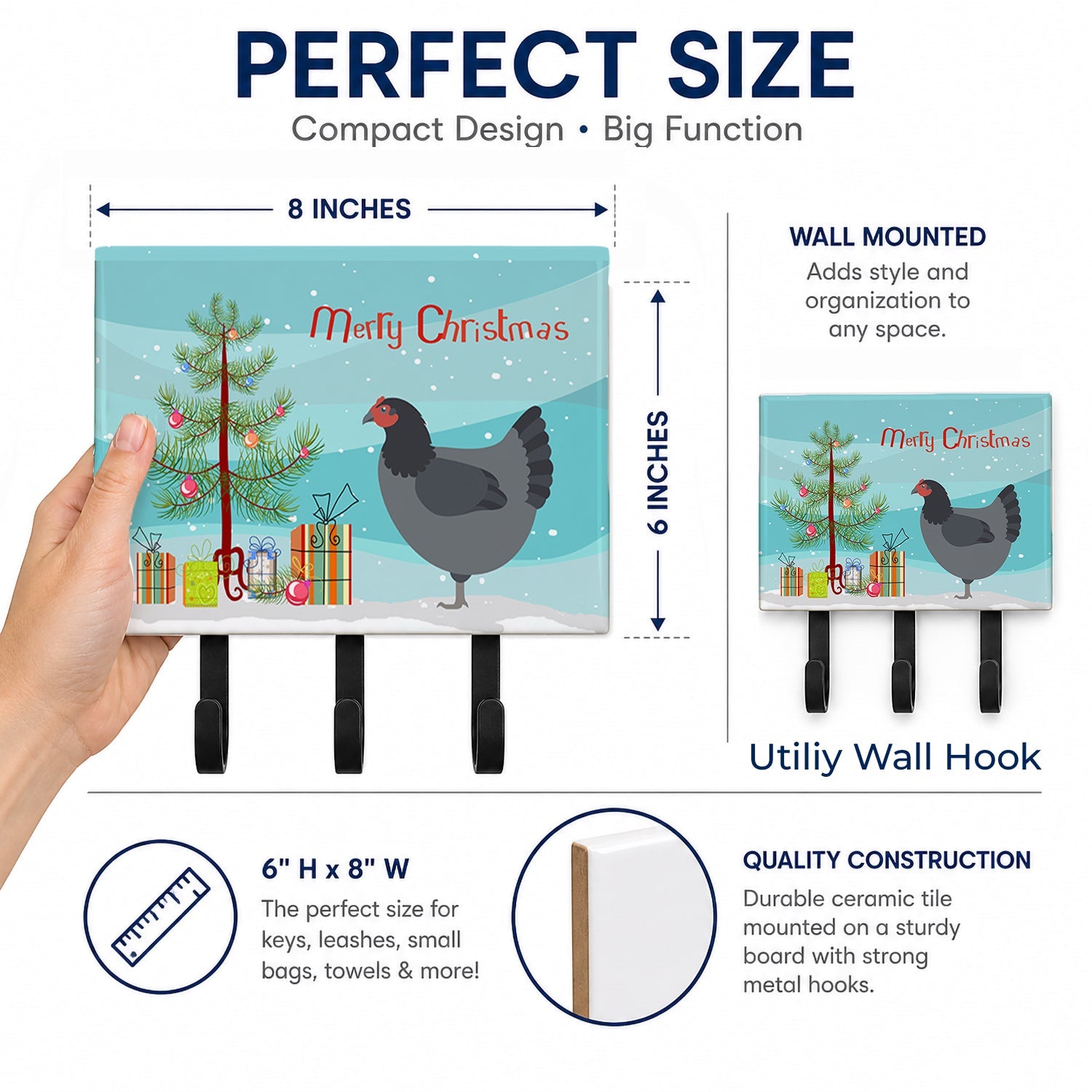 Jersey Giant Chicken Christmas Leash or Key Holder Wall Hooks, Coat Rack Wall Mount, for Hanging Keys, Towels, Aprons, Leashes