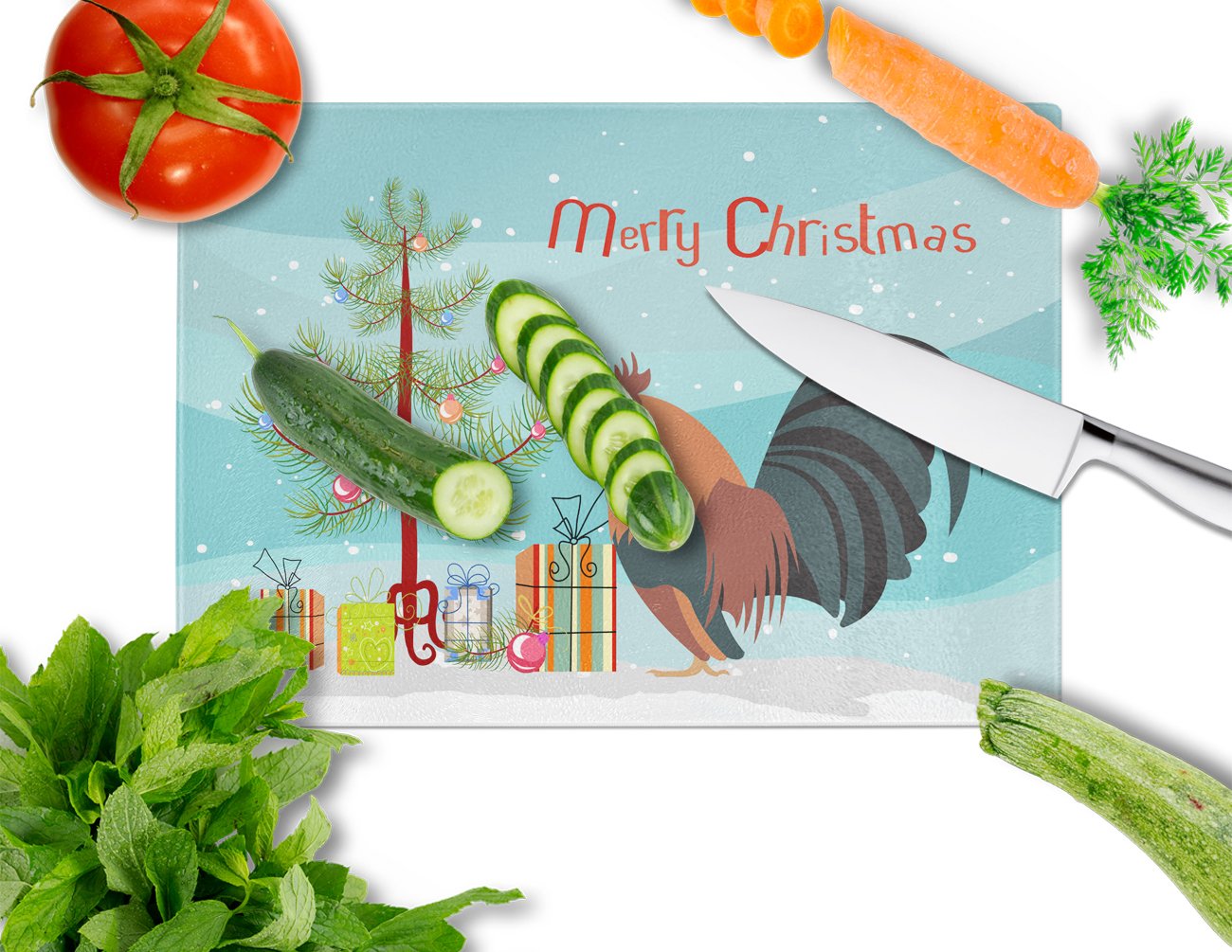 Dutch Bantam Chicken Christmas Cutting Board Tempered Glass Kitchen Cutting Surface, Heat Resistant Chopping, Non-Slip Feet, Food Prep & Serving