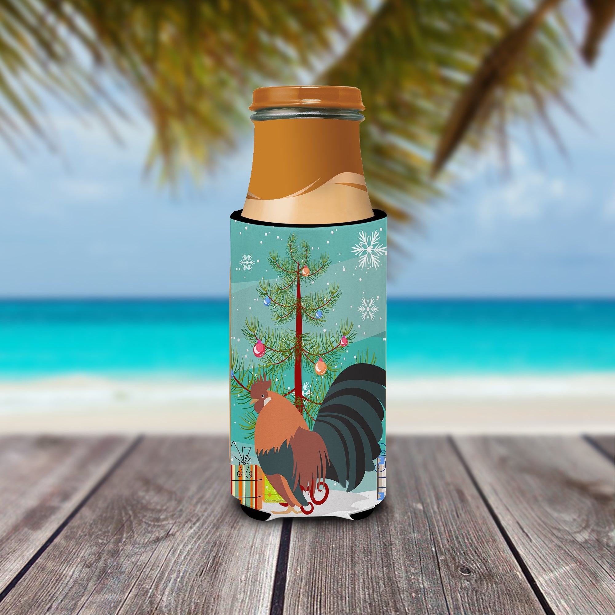 Dutch Bantam Chicken Christmas Slim Can Hugger , Insulated Foam Hugger for 12 oz Slim Cans, Beer Bottles & Water Bottles, Printed in USA