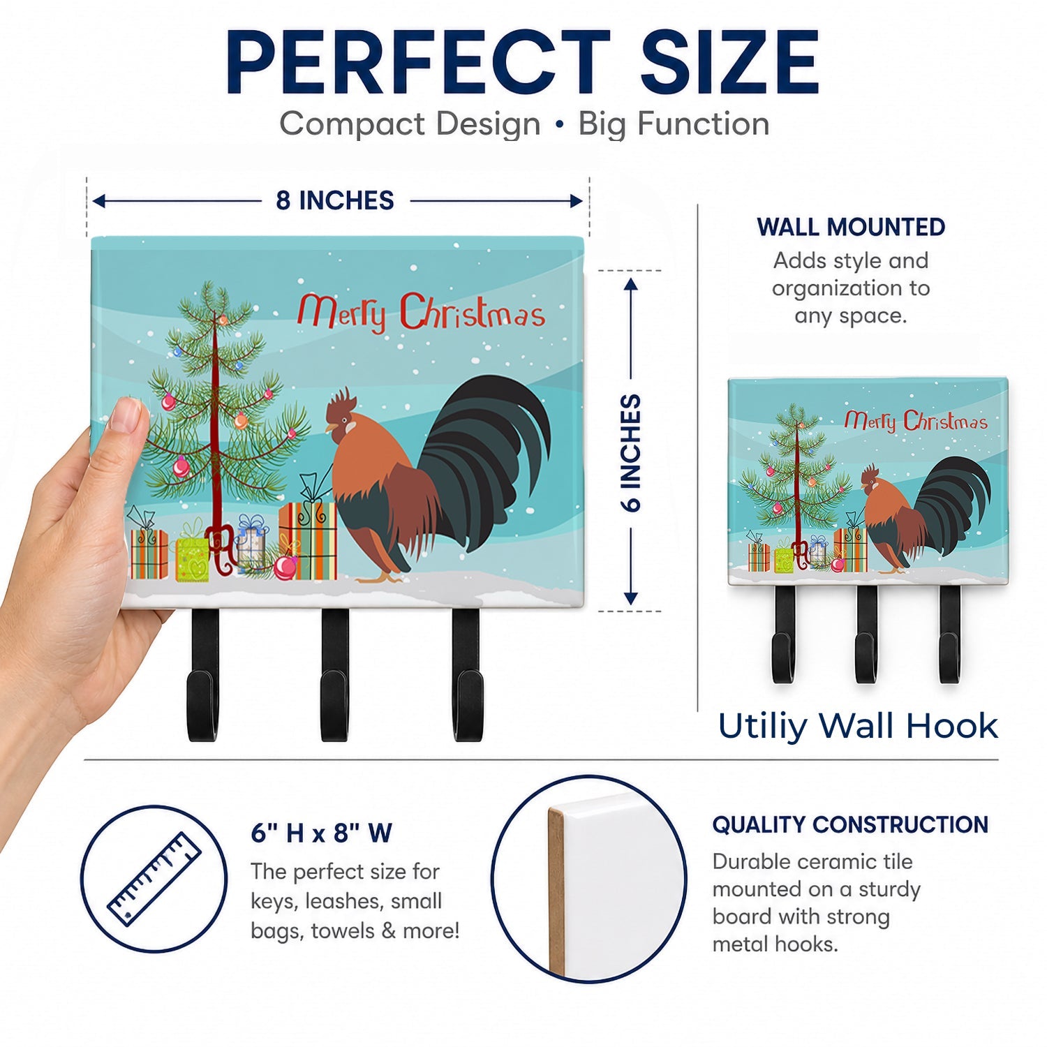 Dutch Bantam Chicken Christmas Leash or Key Holder Wall Hooks, Coat Rack Wall Mount, for Hanging Keys, Towels, Aprons, Leashes