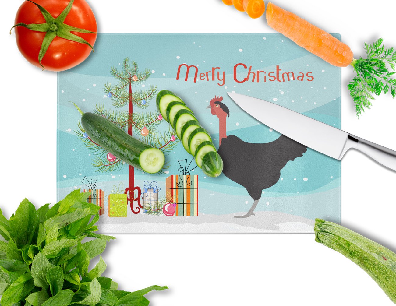 Naked Neck Chicken Christmas Cutting Board Tempered Glass Kitchen Cutting Surface, Heat Resistant Chopping, Non-Slip Feet, Food Prep & Serving