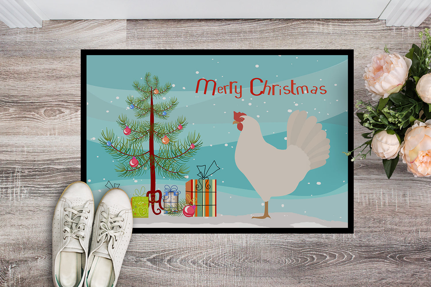 Leghorn Chicken Christmas Doormat Indoor Outdoor 24H X 36W Front Door Mat Rugs for Entryway, Non Slip Washable Low Pile,
