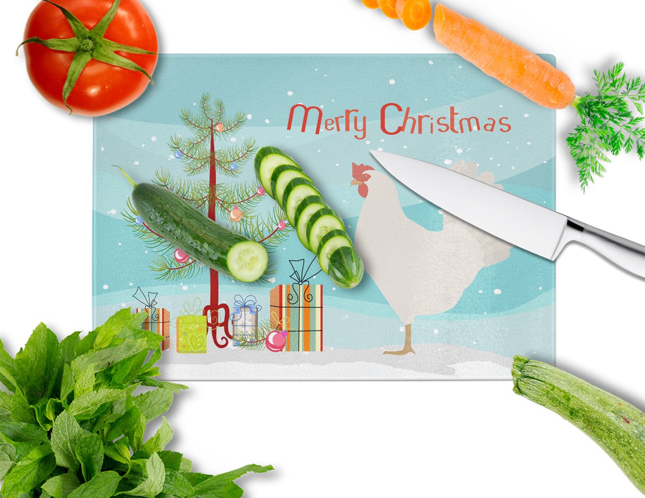 Leghorn Chicken Christmas Cutting Board Tempered Glass Kitchen Cutting Surface, Heat Resistant Chopping, Non-Slip Feet, Food Prep & Serving