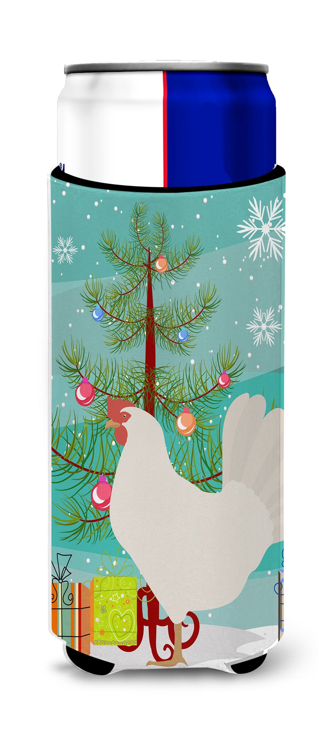 Leghorn Chicken Christmas Slim Can Hugger , Insulated Foam Hugger for 12 oz Slim Cans, Beer Bottles & Water Bottles, Printed in USA