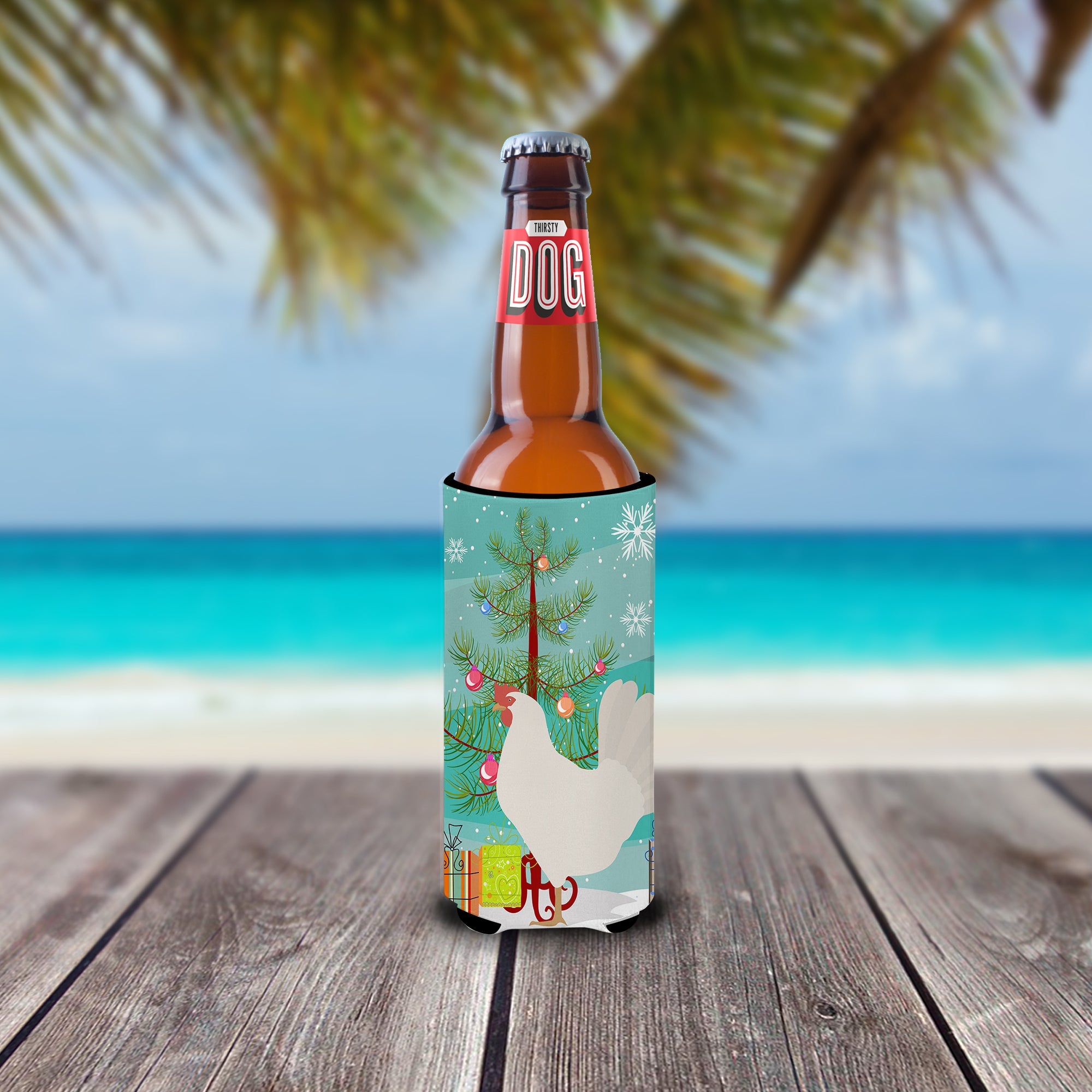 Leghorn Chicken Christmas Slim Can Hugger , Insulated Foam Hugger for 12 oz Slim Cans, Beer Bottles & Water Bottles, Printed in USA