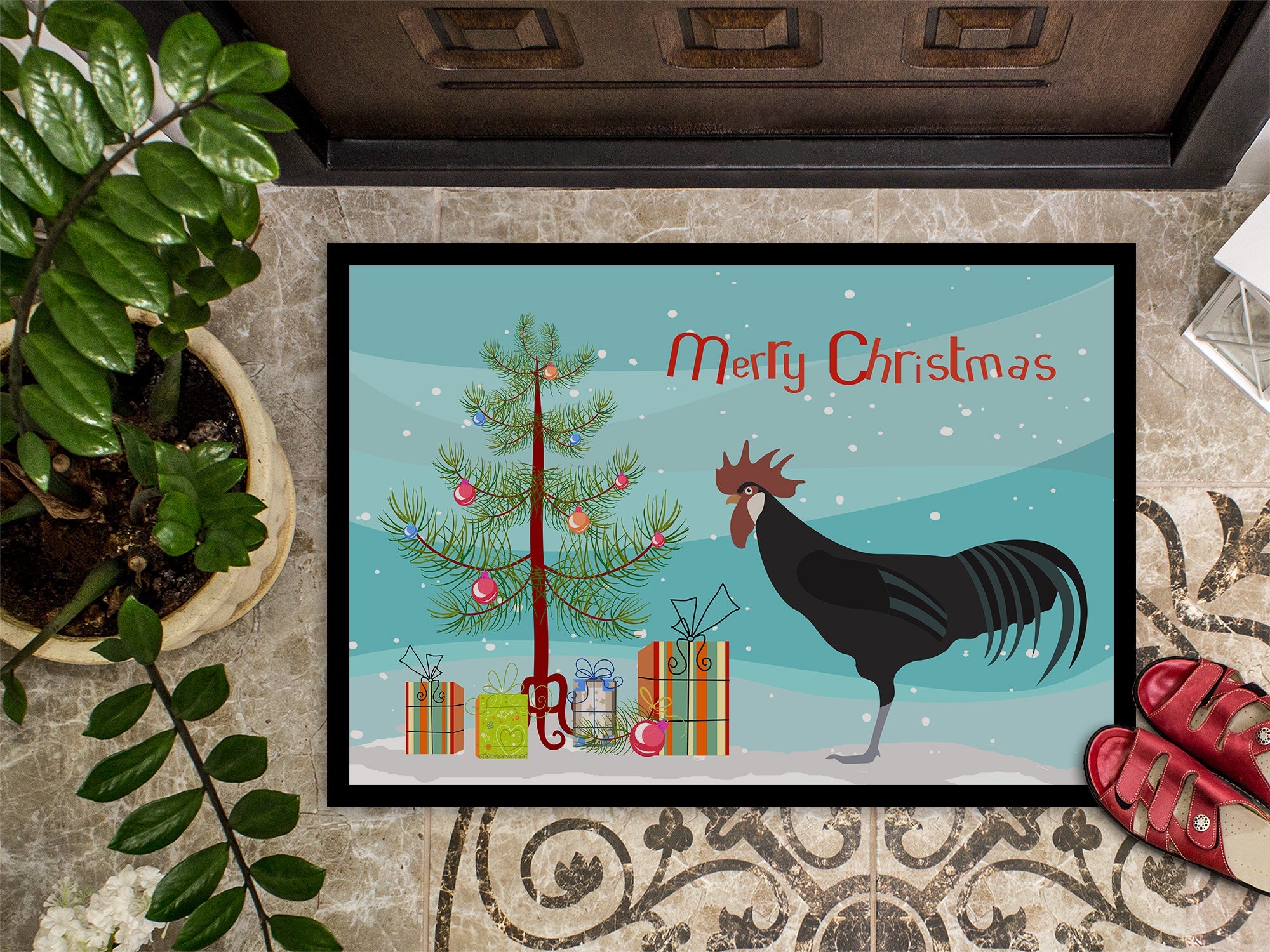 Minorca Ctalalan Chicken Christmas Doormat Indoor Outdoor 18H X 27W Front Door Mat Rugs for Entryway, Non Slip Washable