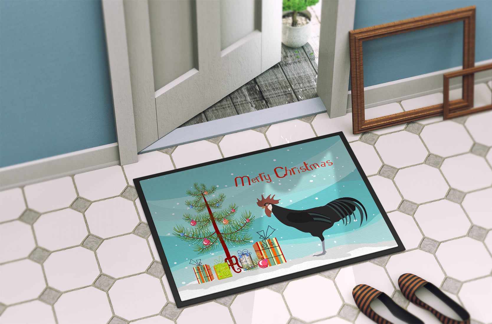 Minorca Ctalalan Chicken Christmas Doormat Indoor Outdoor 18H X 27W Front Door Mat Rugs for Entryway, Non Slip Washable