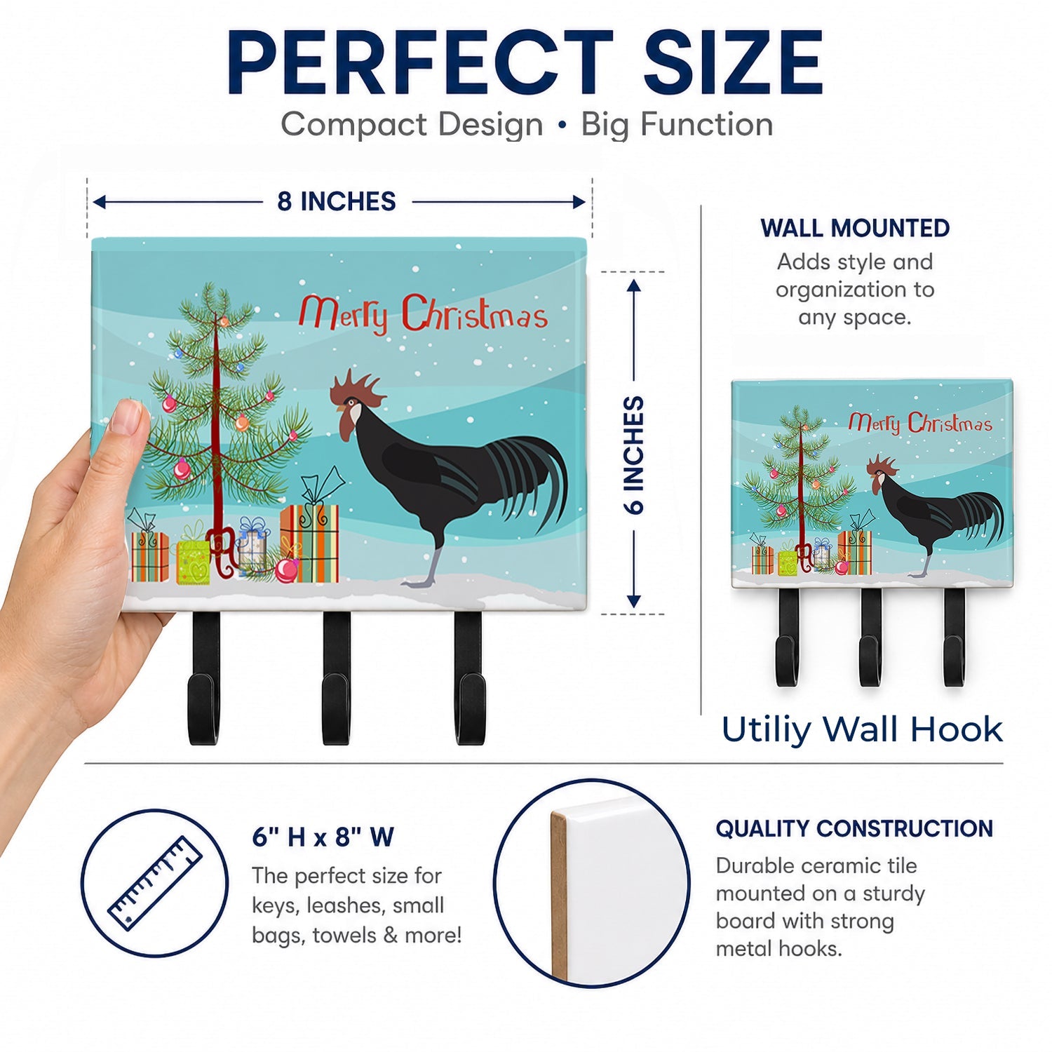Minorca Ctalalan Chicken Christmas Leash or Key Holder Wall Hooks, Coat Rack Wall Mount, for Hanging Keys, Towels, Aprons, Leashes