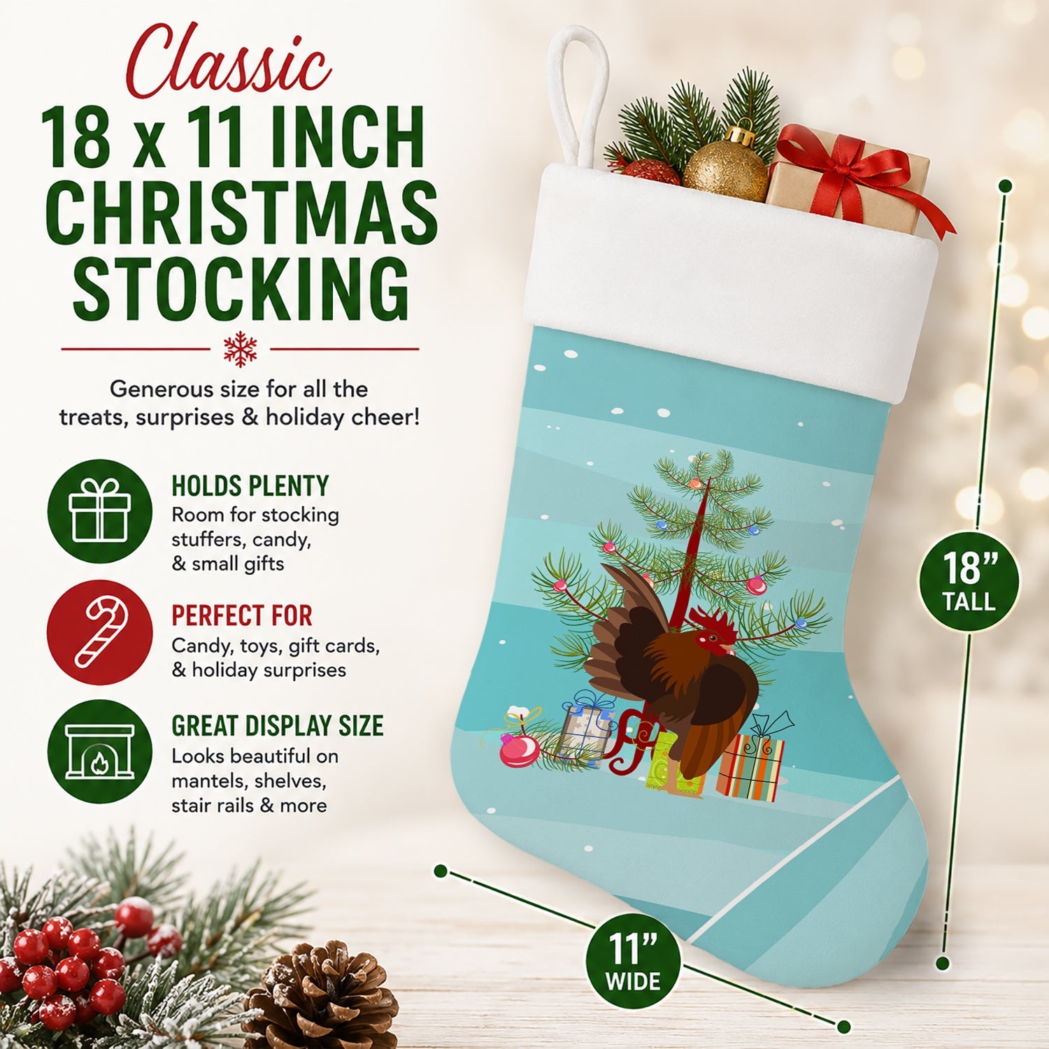 Malaysian Serama Chicken Christmas Holiday Stocking Double-Sided Print, Polyester Suede,11x18, Made in USA