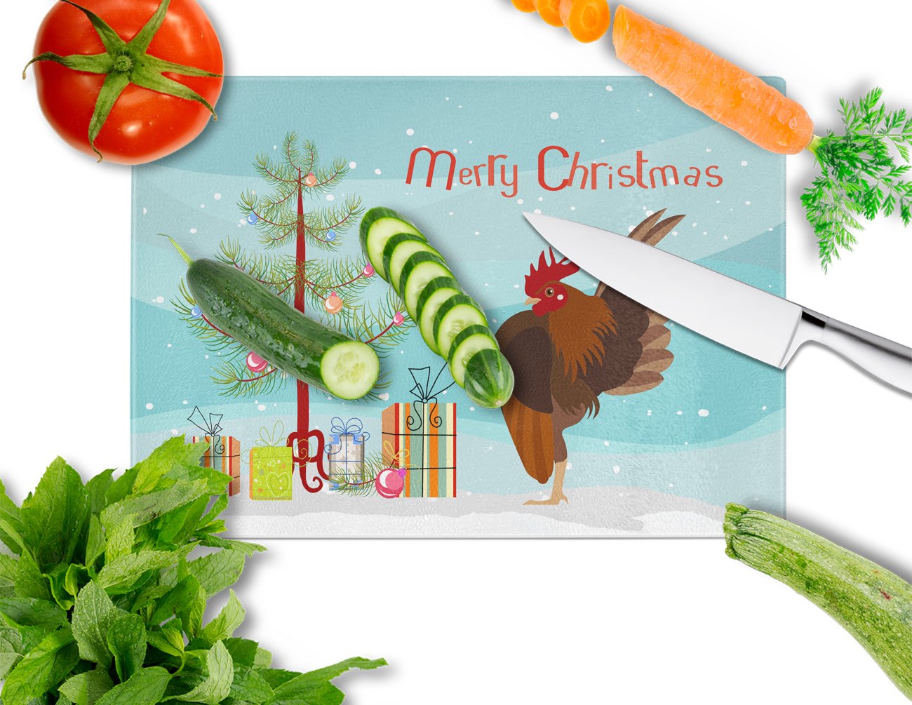 Malaysian Serama Chicken Christmas Cutting Board Tempered Glass Kitchen Cutting Surface, Heat Resistant Chopping, Non-Slip Feet, Food Prep & Serving