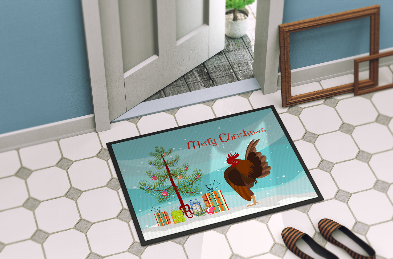 Malaysian Serama Chicken Christmas Doormat Indoor Outdoor 18H X 27W Front Door Mat Rugs for Entryway, Non Slip Washable