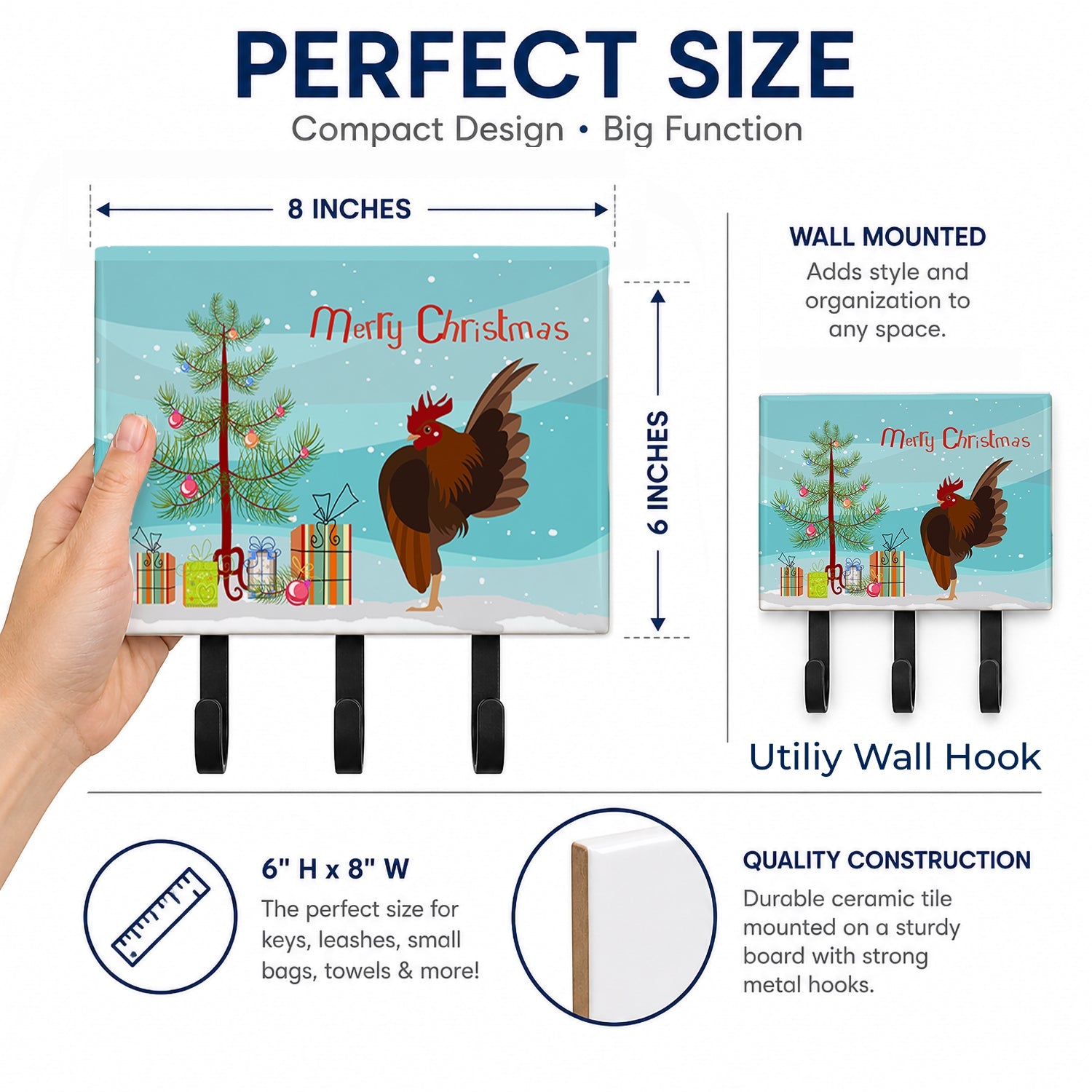 Malaysian Serama Chicken Christmas Leash or Key Holder Wall Hooks, Coat Rack Wall Mount, for Hanging Keys, Towels, Aprons, Leashes