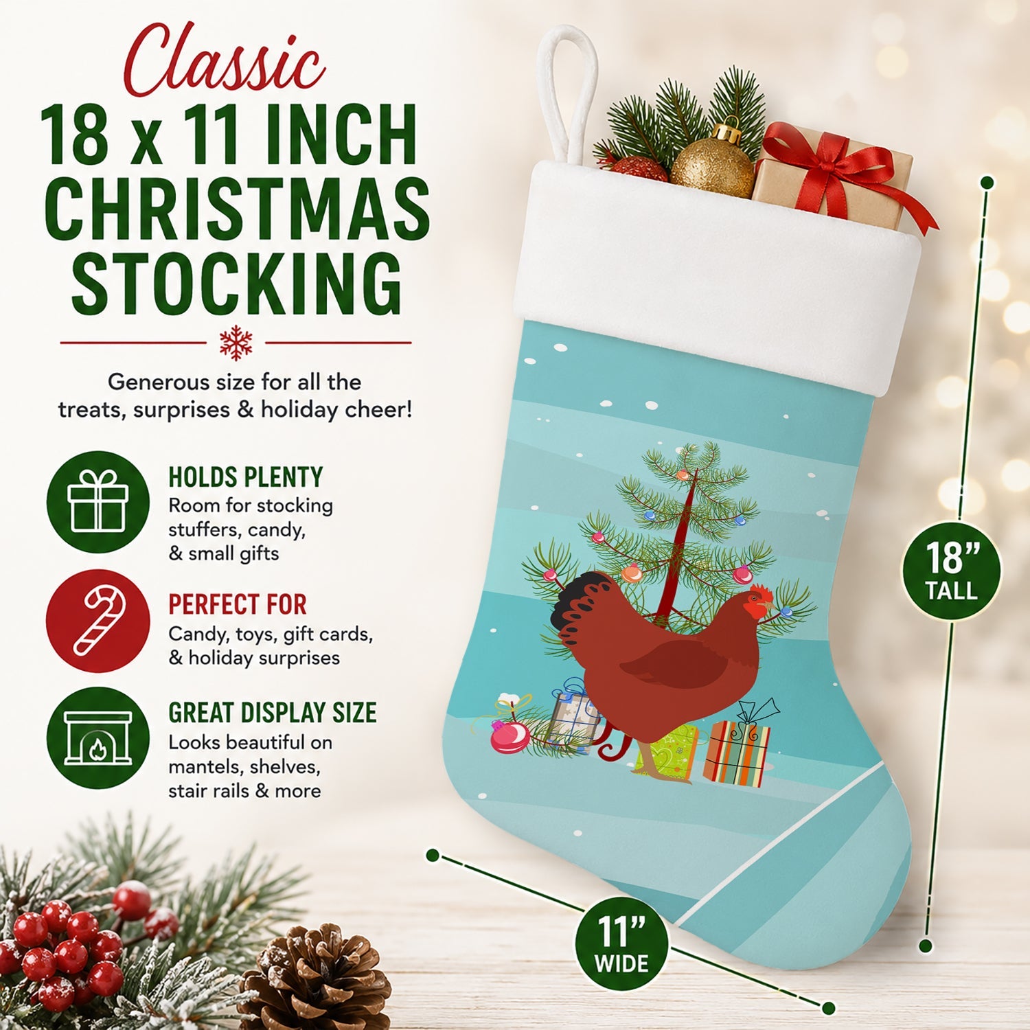 New Hampshire Red Chicken Christmas Holiday Stocking Double-Sided Print, Polyester Suede,11x18, Made in USA
