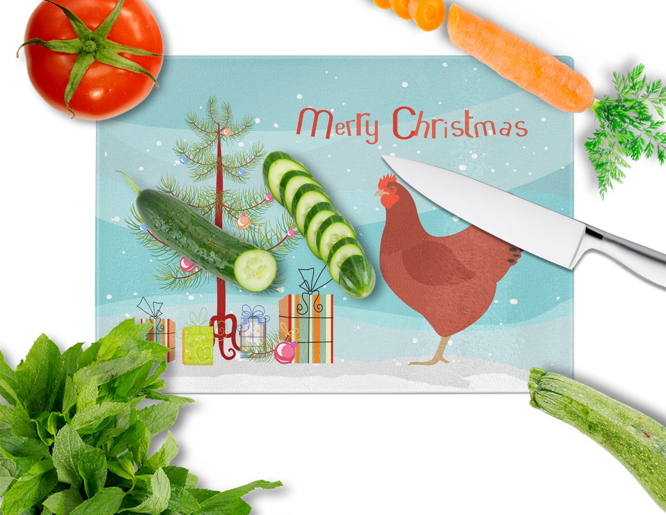 New Hampshire Red Chicken Christmas Cutting Board Tempered Glass Kitchen Cutting Surface, Heat Resistant Chopping, Non-Slip Feet, Food Prep & Serving