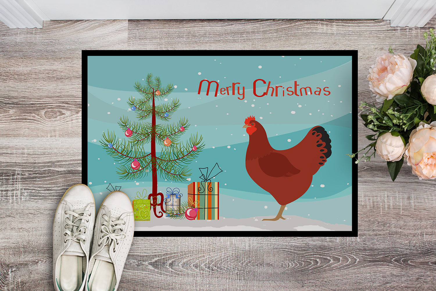 New Hampshire Red Chicken Christmas Doormat Indoor Outdoor 18H X 27W Front Door Mat Rugs for Entryway, Non Slip Washable