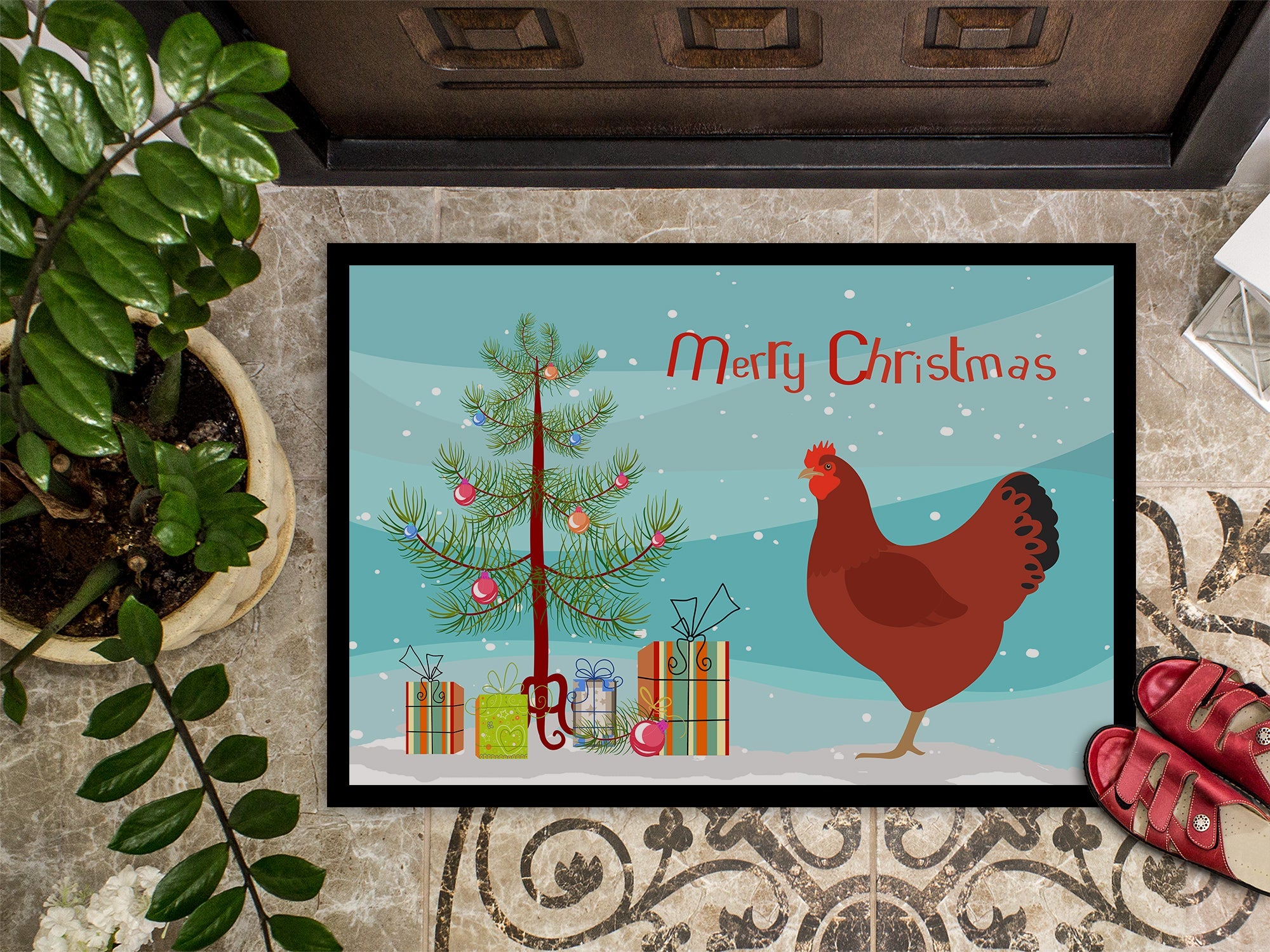 New Hampshire Red Chicken Christmas Doormat Indoor Outdoor 18H X 27W Front Door Mat Rugs for Entryway, Non Slip Washable