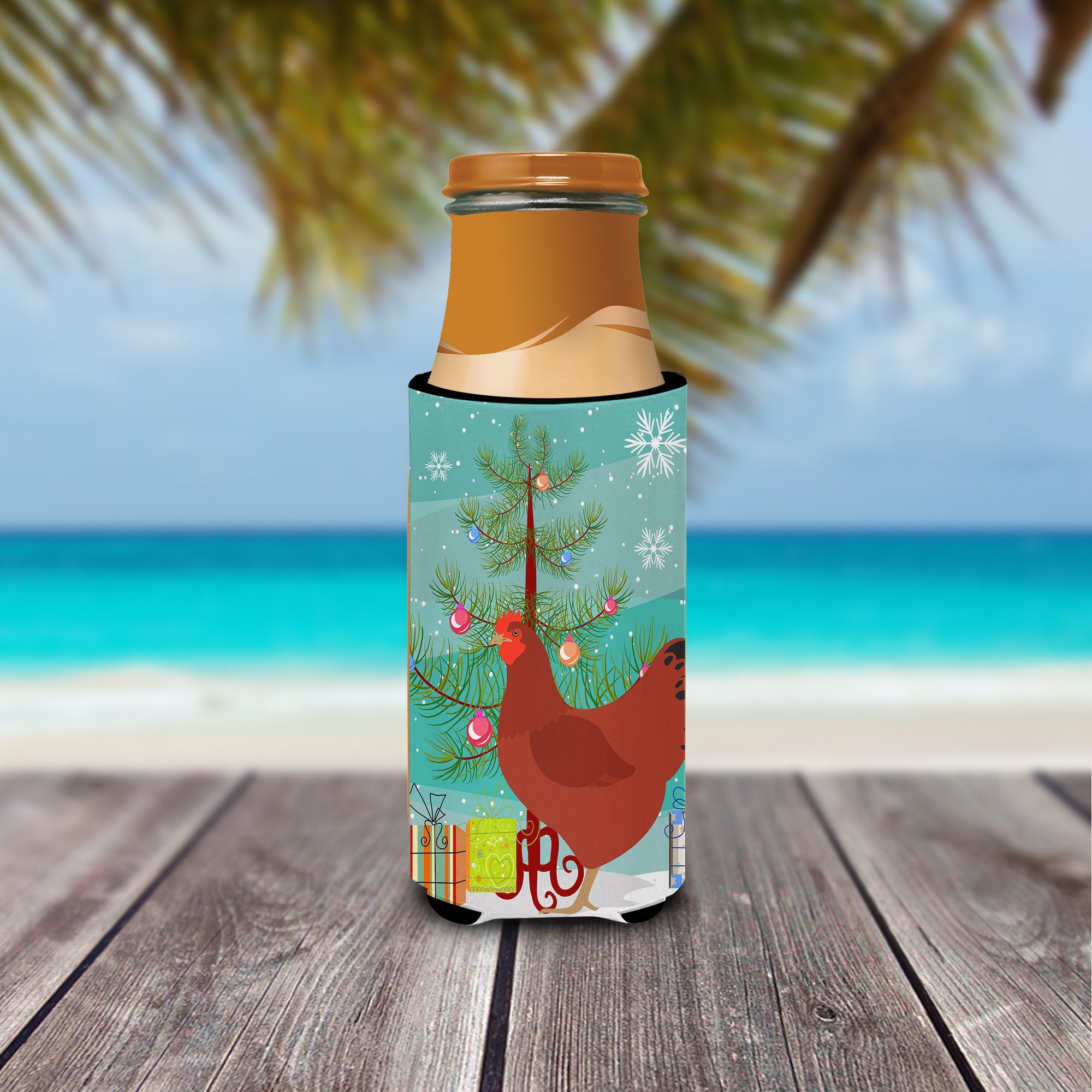 New Hampshire Red Chicken Christmas Slim Can Hugger , Insulated Foam Hugger for 12 oz Slim Cans, Beer Bottles & Water Bottles, Printed in USA