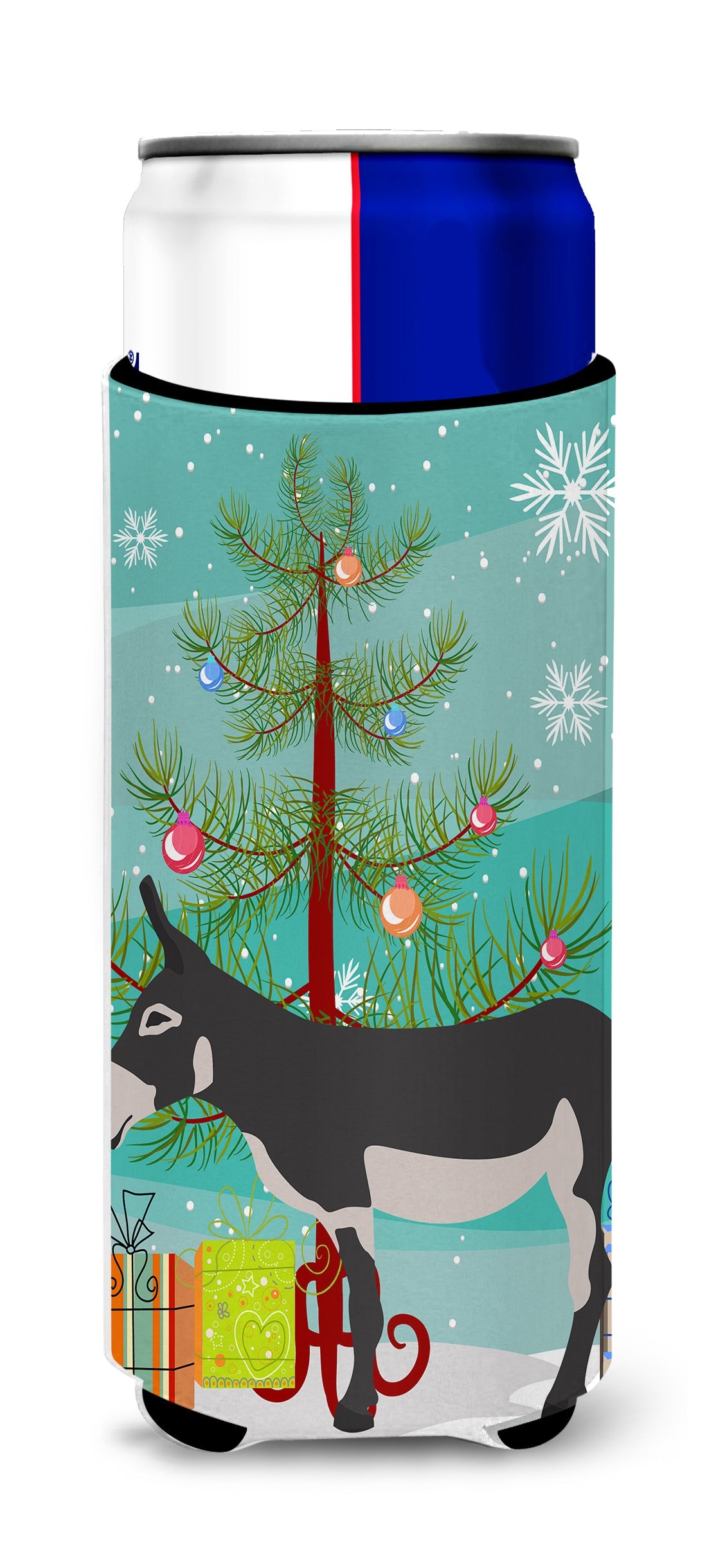 American Mammoth Jack Donkey Christmas Slim Can Hugger , Insulated Foam Hugger for 12 oz Slim Cans, Beer Bottles & Water Bottles, Printed in USA