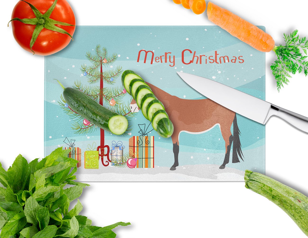 Mule Christmas Cutting Board Tempered Glass Kitchen Cutting Surface, Heat Resistant Chopping, Non-Slip Feet, Food Prep & Serving