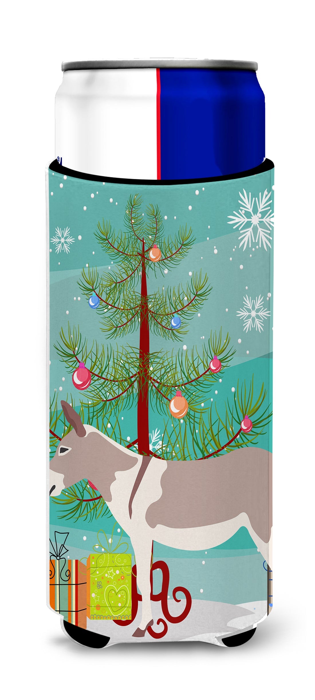 Australian Teamster Donkey Christmas Slim Can Hugger , Insulated Foam Hugger for 12 oz Slim Cans, Beer Bottles & Water Bottles, Printed in USA