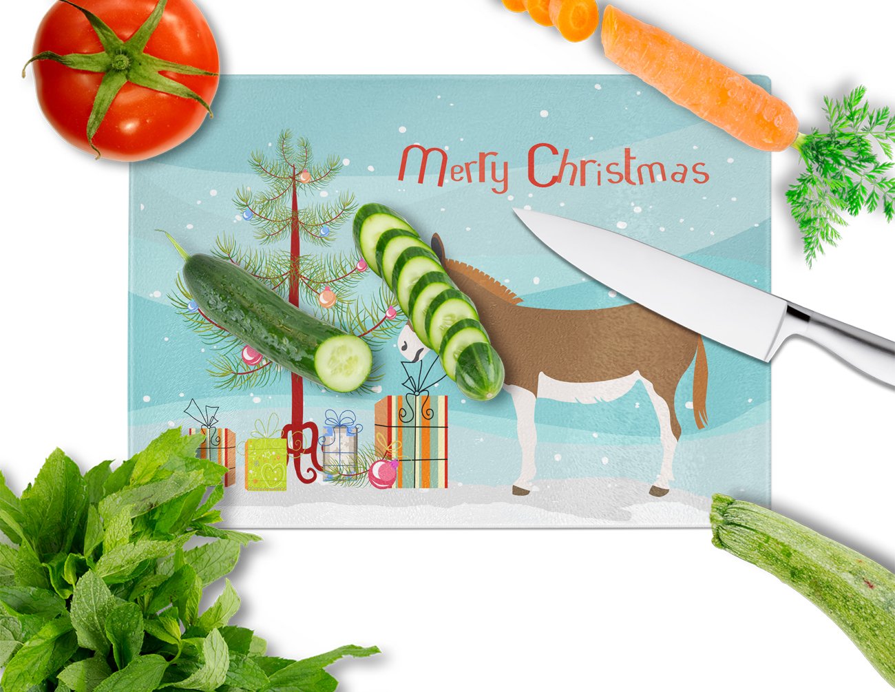 Miniature Mediterranian Donkey Christmas Cutting Board Tempered Glass Kitchen Cutting Surface, Heat Resistant Chopping, Non-Slip Feet, Food Prep & Serving