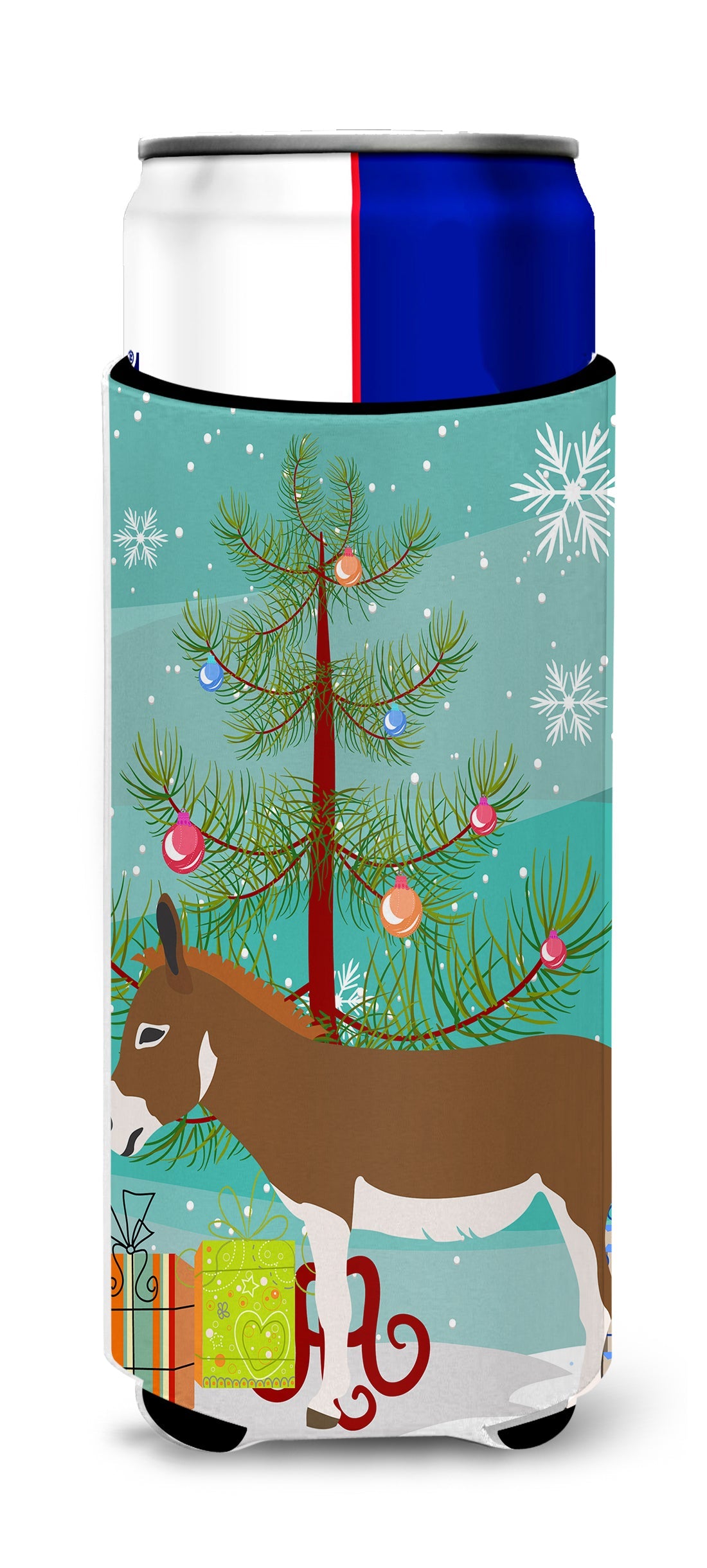 Miniature Mediterranian Donkey Christmas Slim Can Hugger , Insulated Foam Hugger for 12 oz Slim Cans, Beer Bottles & Water Bottles, Printed in USA