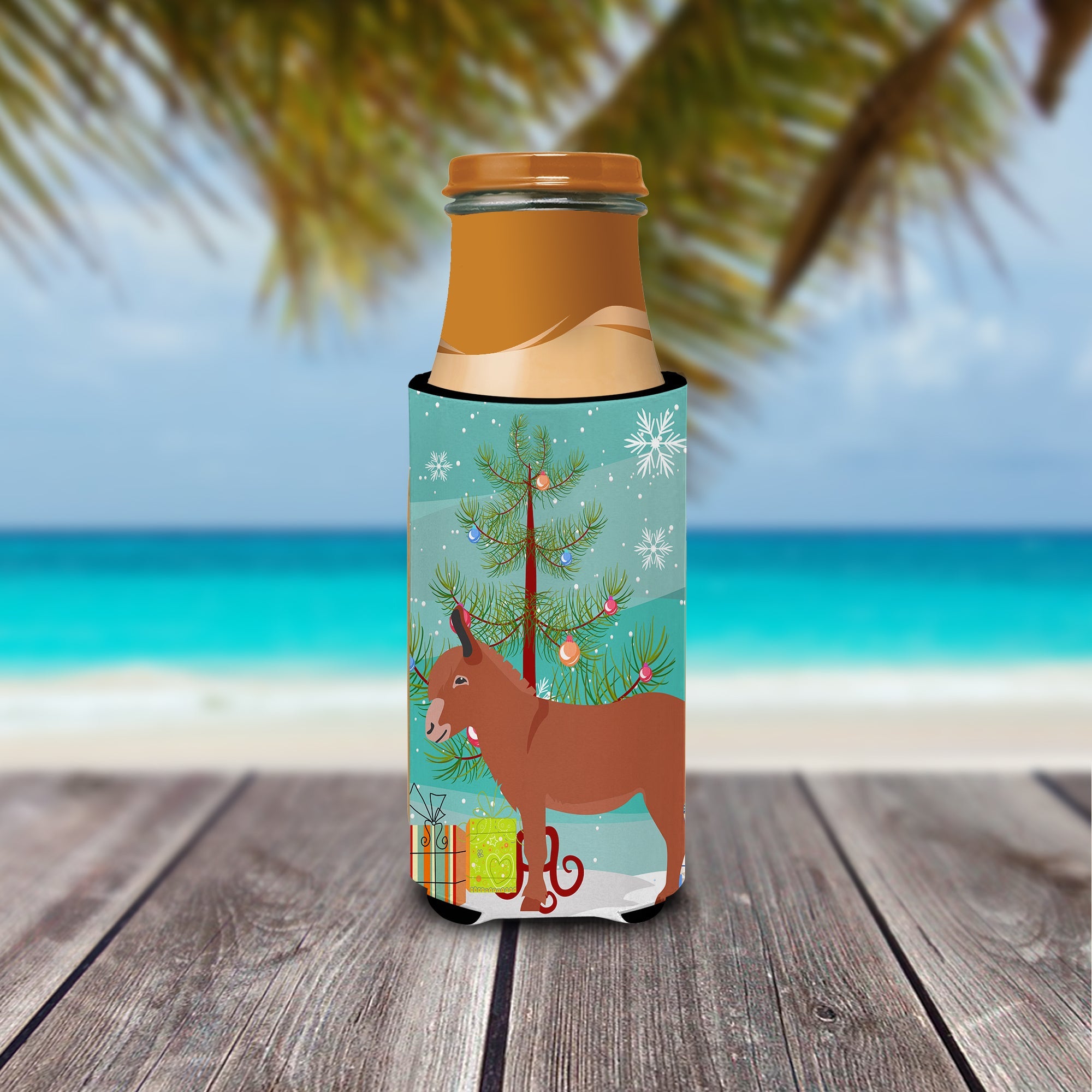 Irish Donkey Christmas Slim Can Hugger , Insulated Foam Hugger for 12 oz Slim Cans, Beer Bottles & Water Bottles, Printed in USA